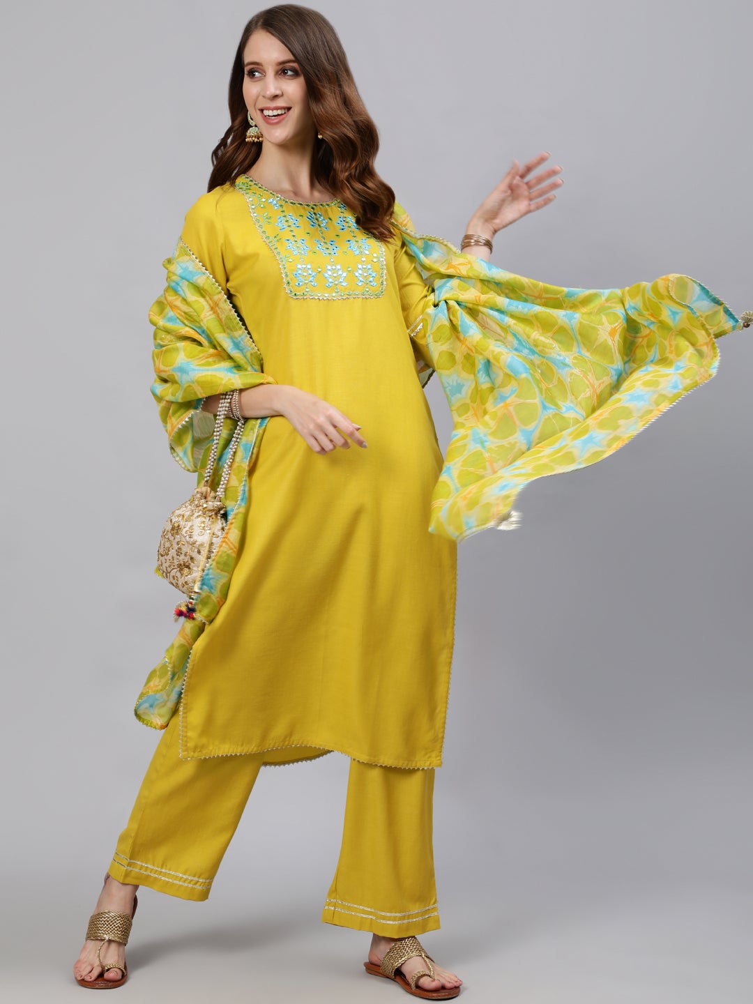Mustard Solid Embroidered Poly Silk Kurta with Palazzos & Chanderi Dupatta