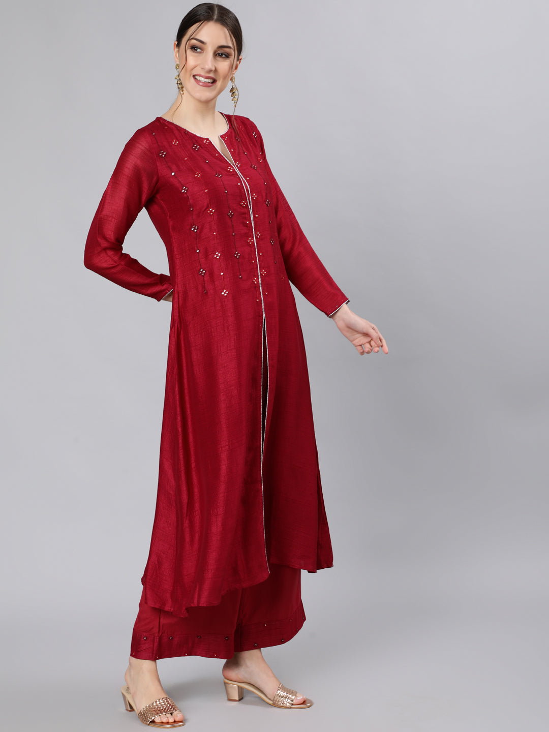 Maroon Embroidered A-Line Silk Kurta With Palazzo