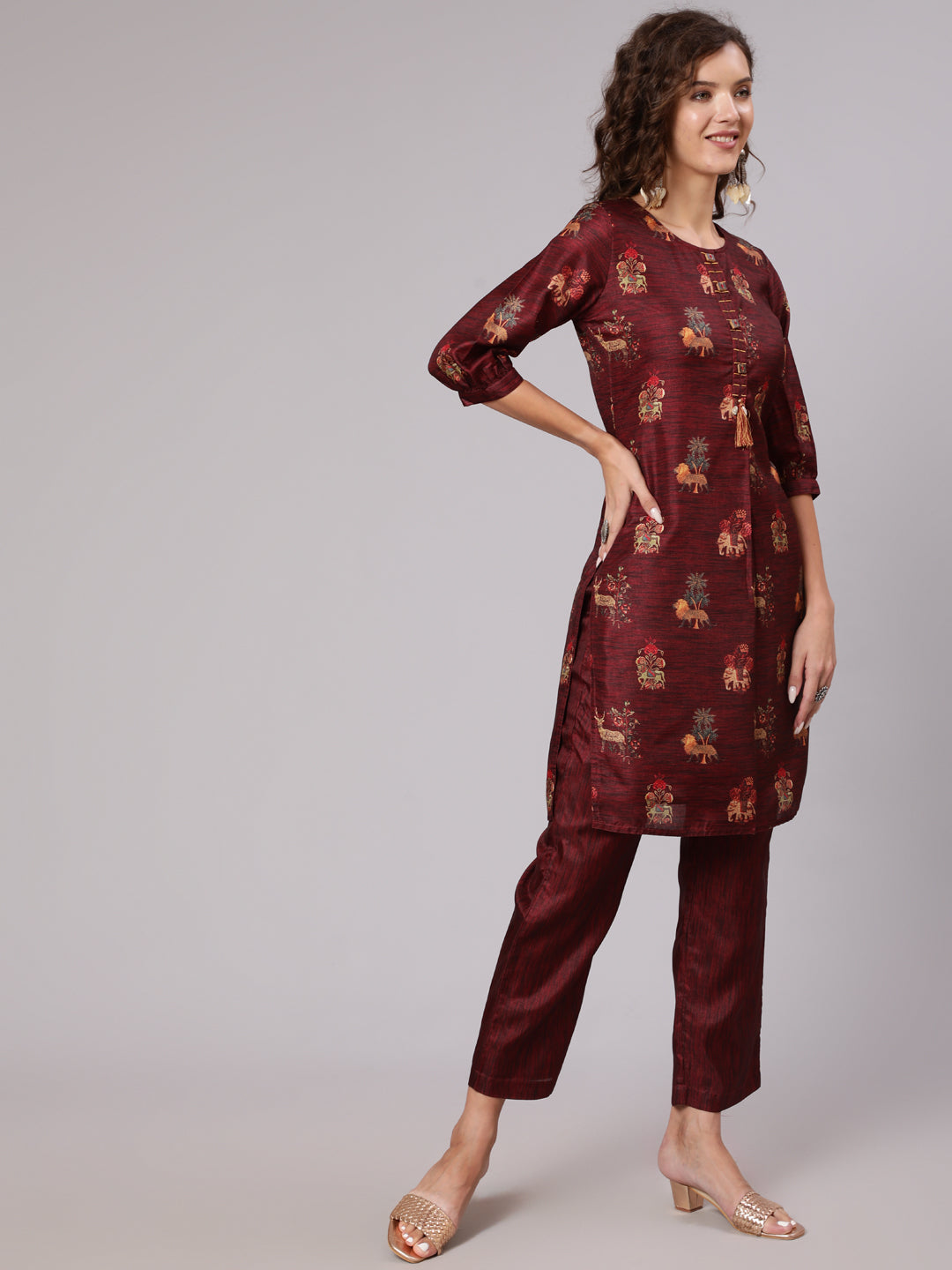 Maroon Tussar Silk Printed Kantha Work Kurta With Palazzo And Kota Doria Dupatta