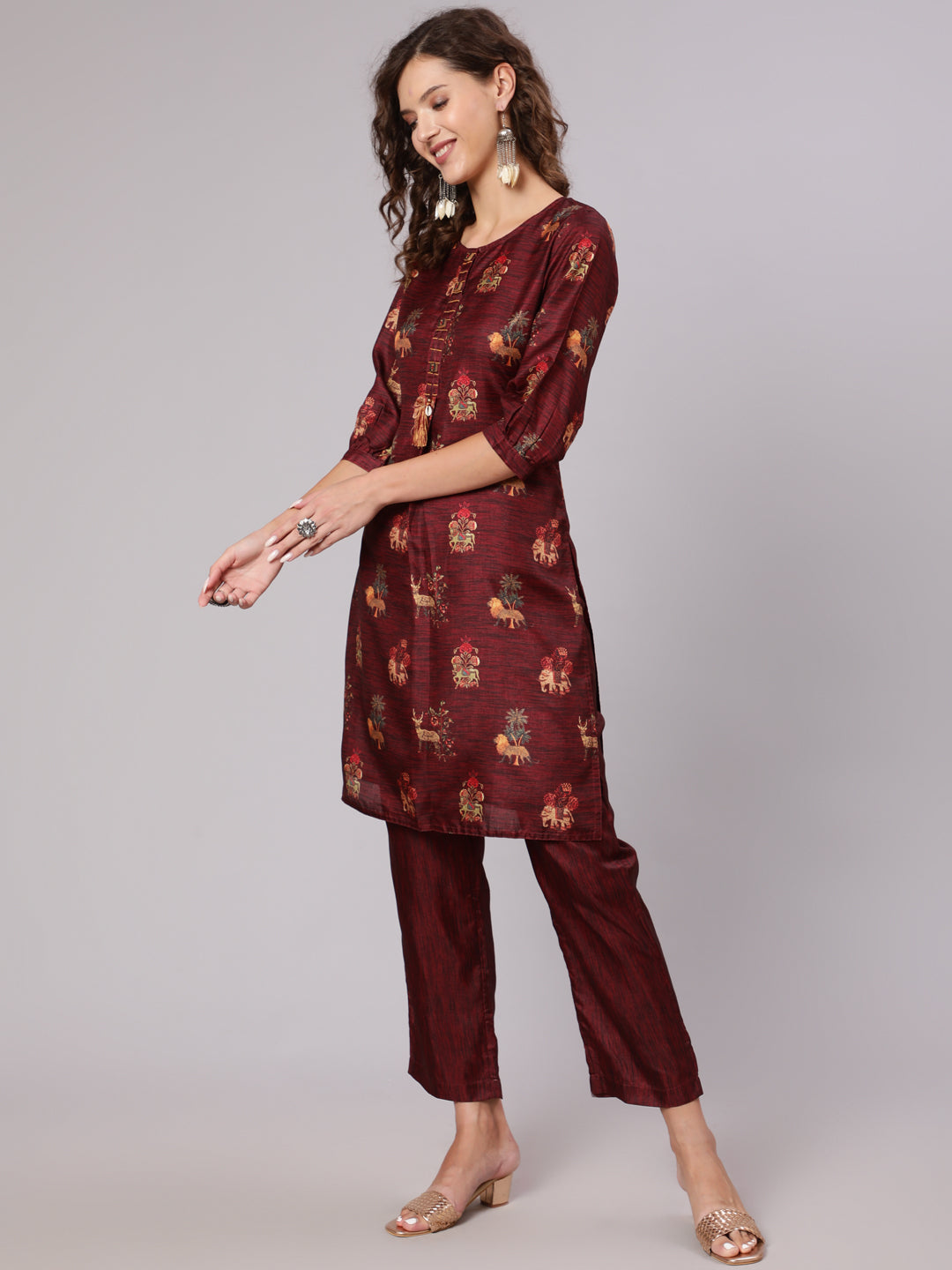 Maroon Tussar Silk Printed Kantha Work Kurta With Palazzo And Kota Doria Dupatta