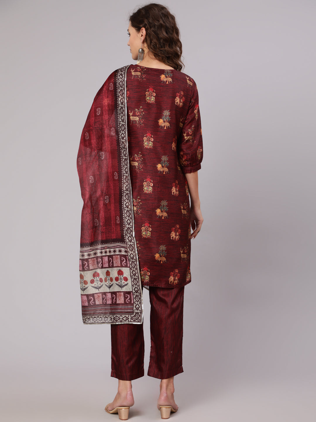Maroon Tussar Silk Printed Kantha Work Kurta With Palazzo And Kota Doria Dupatta