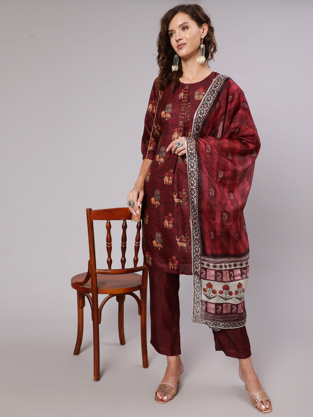 Maroon Tussar Silk Printed Kantha Work Kurta With Palazzo And Kota Doria Dupatta