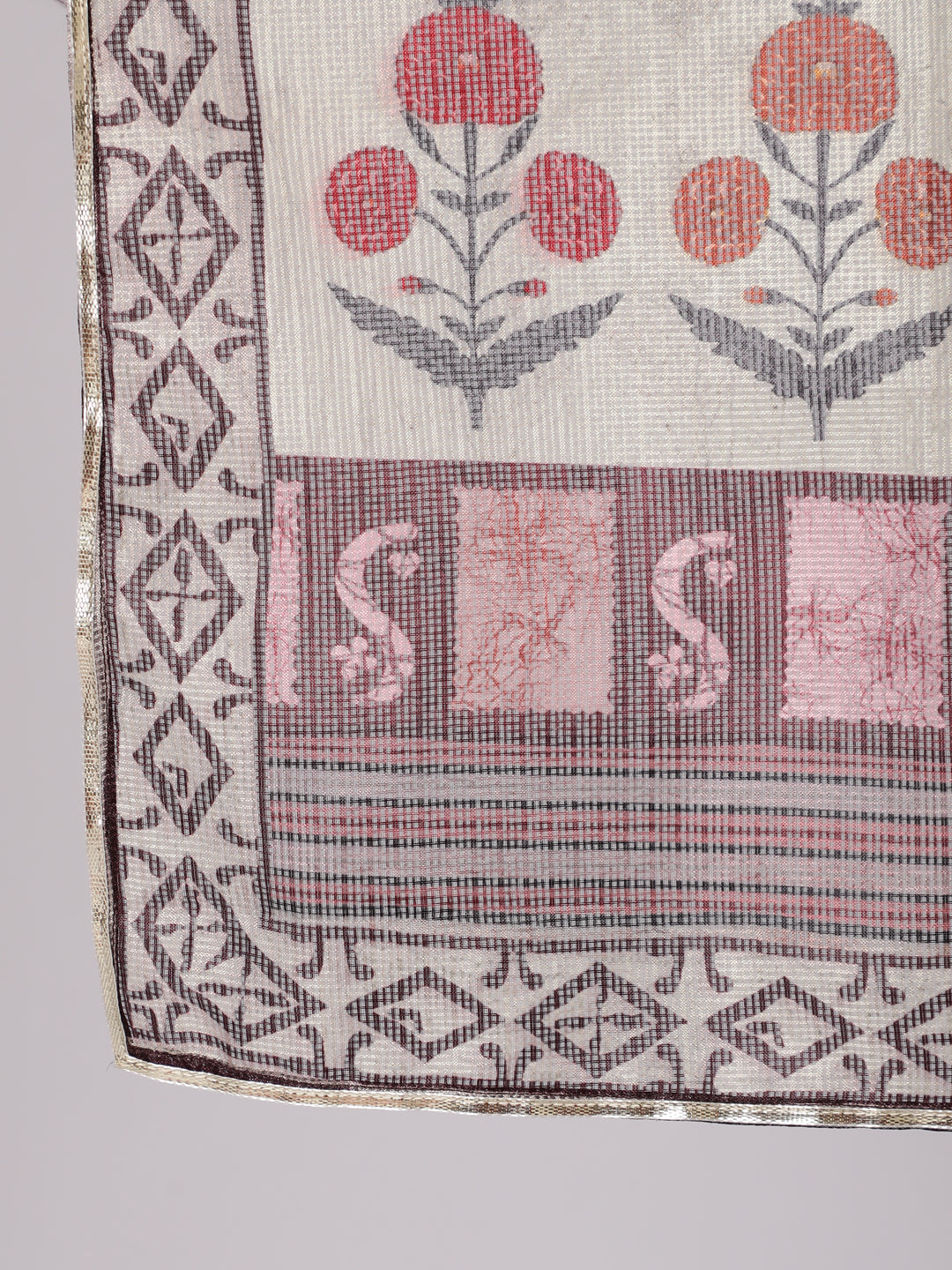 Maroon Tussar Silk Printed Kantha Work Kurta With Palazzo And Kota Doria Dupatta