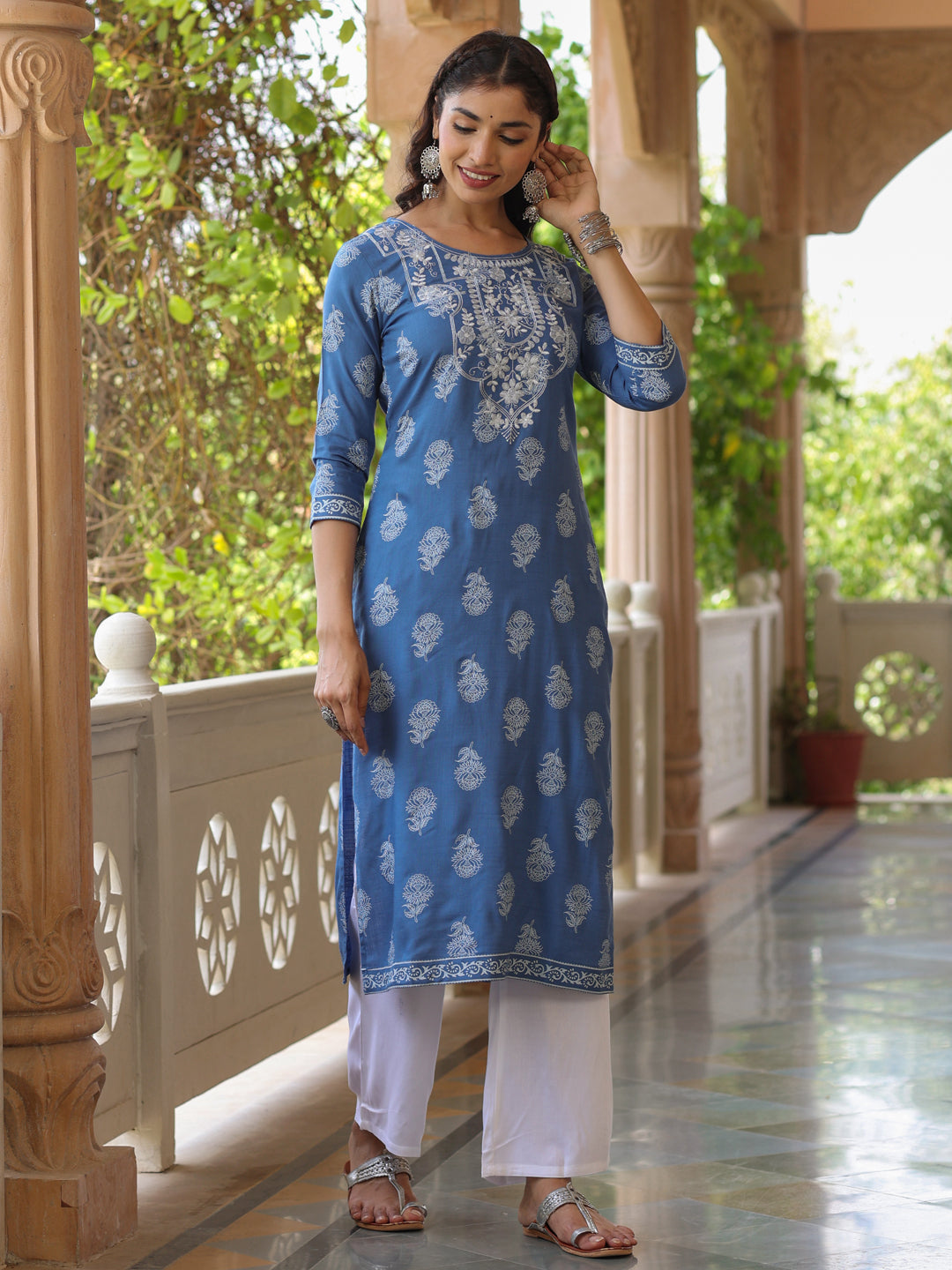 Women Blue Heavy Embroidered Khadi Print Straight Kurta With White Rayon Palazzo