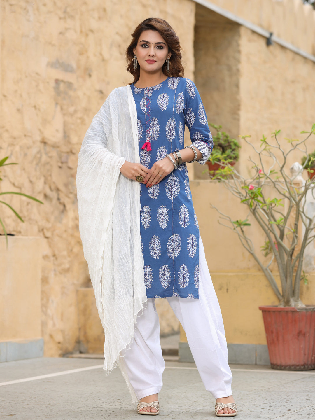 Blue Ethnic Motif Straight Cotton Kurta With Salwar and Dupatta