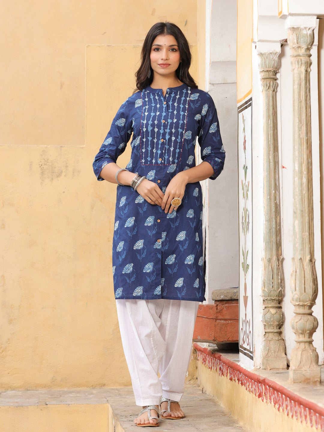 Blue Floral Motif Straight Cotton Kurta With Patyala Dupatta