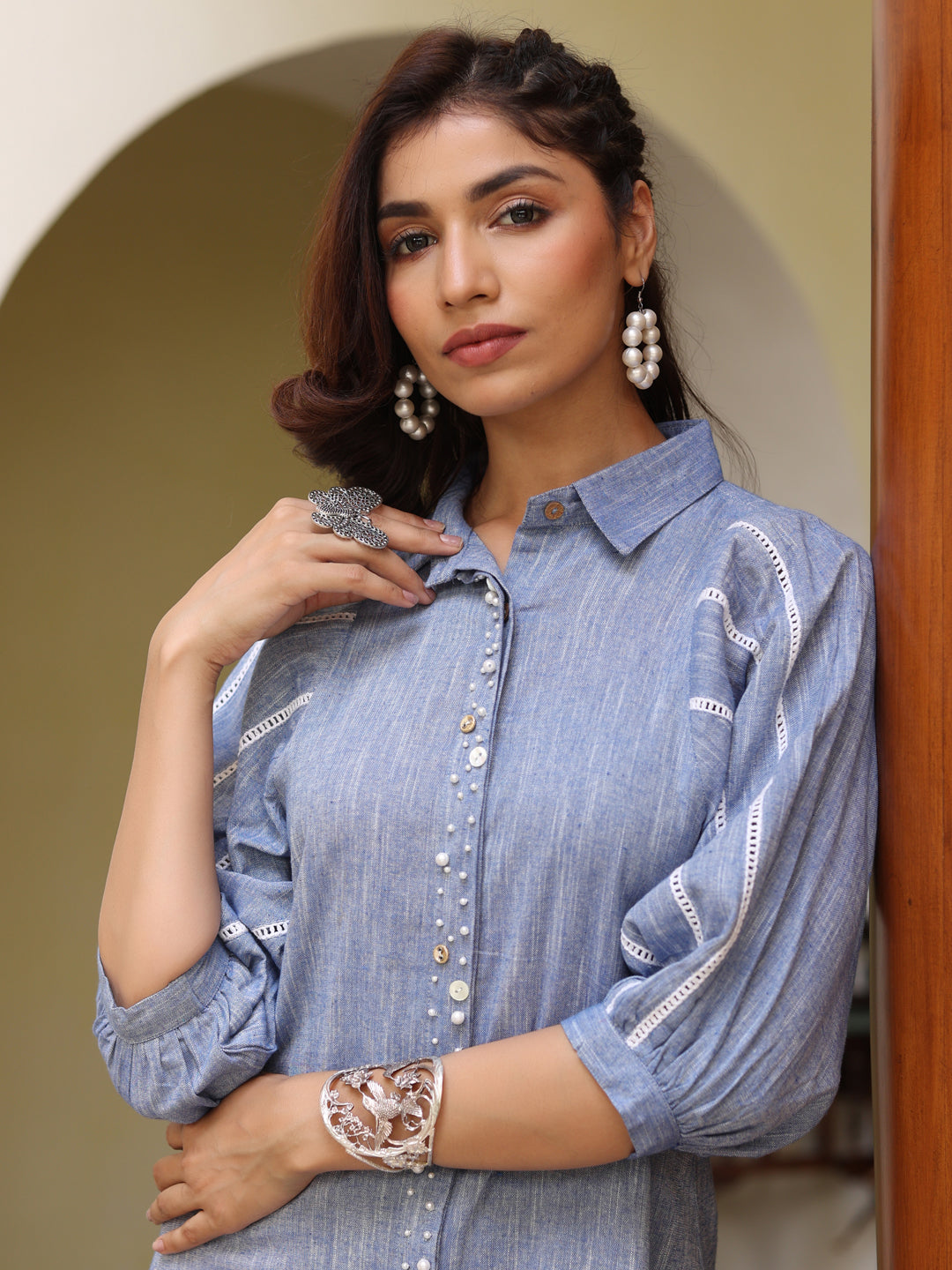Blue Yarndyed Cotton Embellished Puff Sleeves Shirt Dress