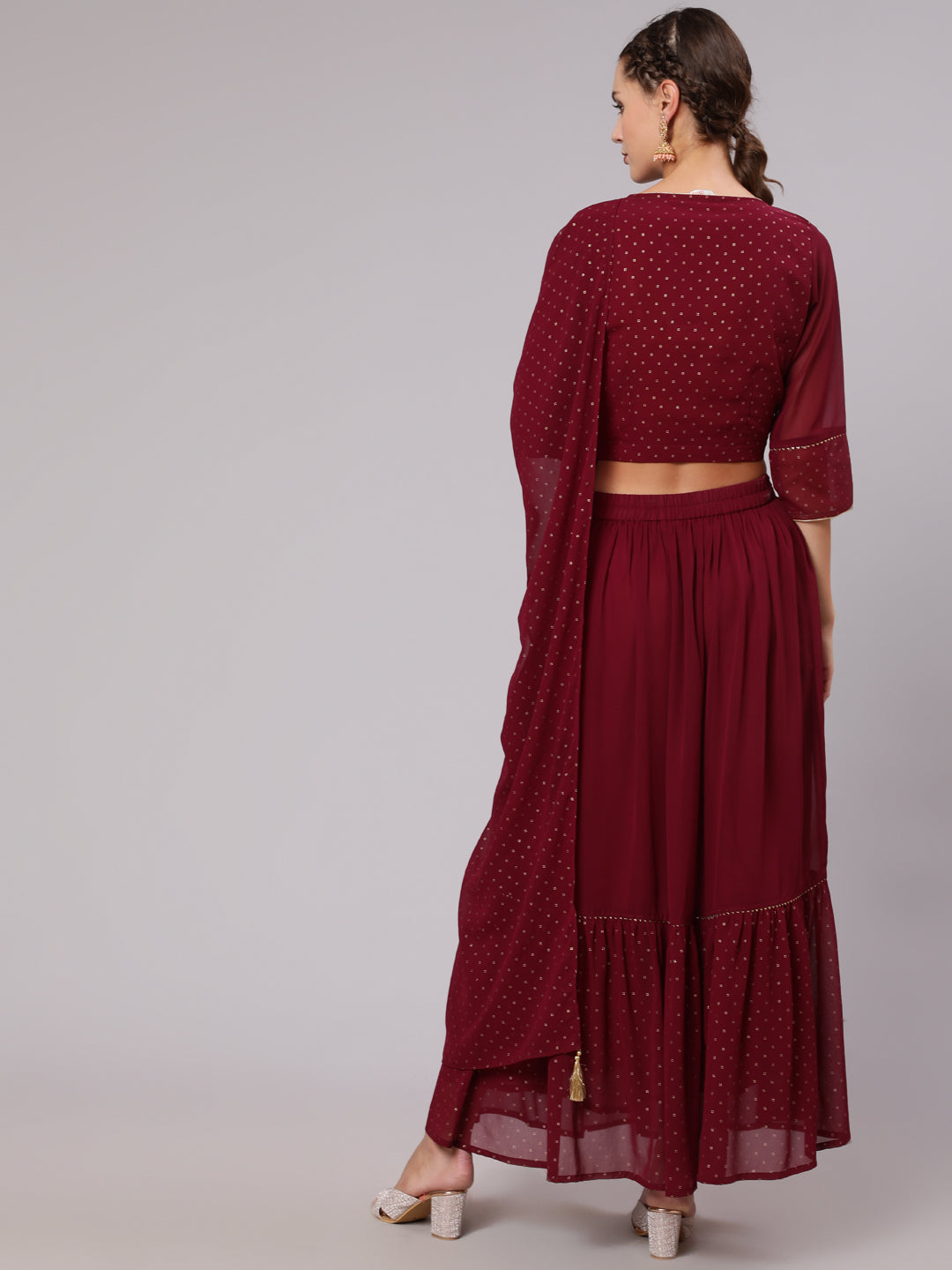 Maroon Georgette Gold Print Embellished Lehnga Has Crop Top, Skirt And Dupatta