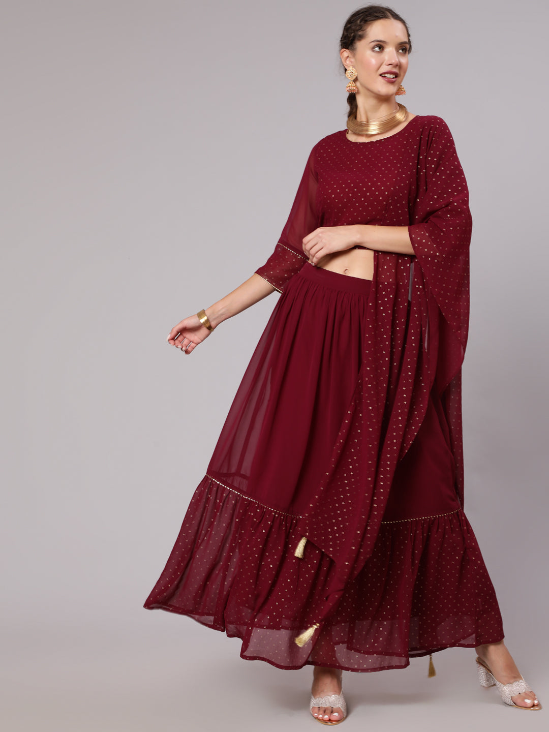 Maroon Georgette Gold Print Embellished Lehnga Has Crop Top, Skirt And Dupatta