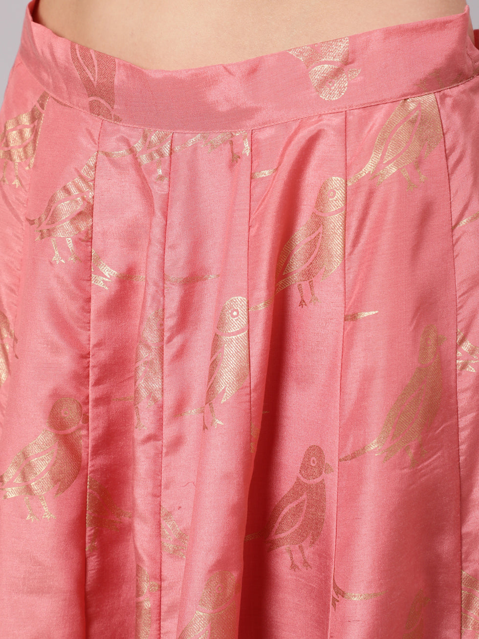 A Peach Color Bird Printed Silk Blend Peplum Top And Skirt With A Gold Print Net Dupatta