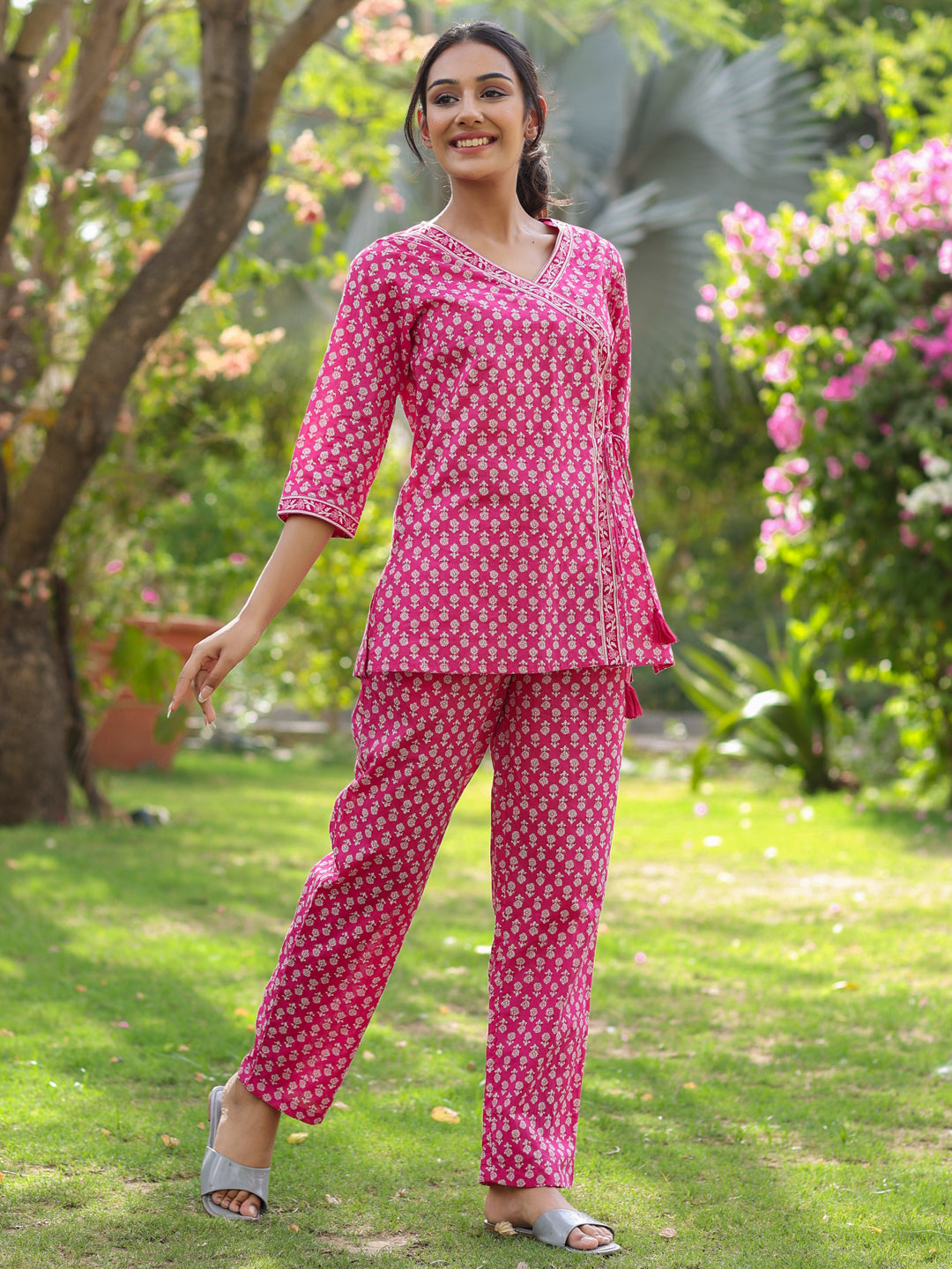 Pink And White Angrakha Printed Cotton Short Kurta With Pants