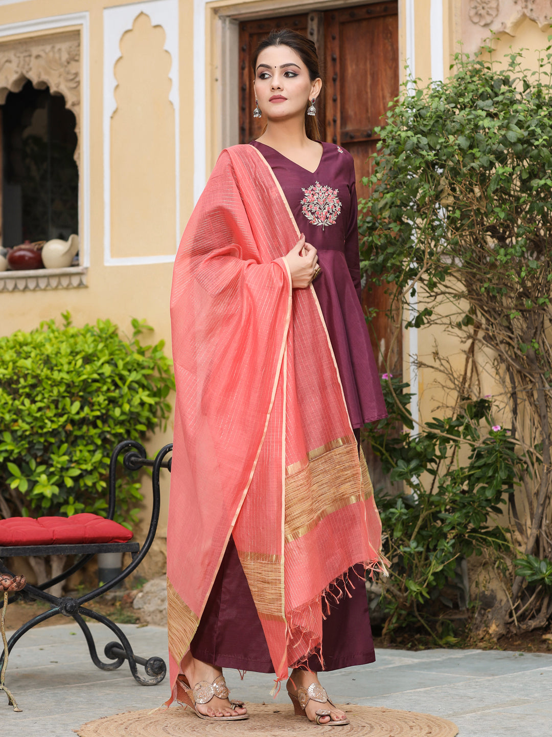 Embroidery Details Peplum Kurti with Palazzos & Dupatta