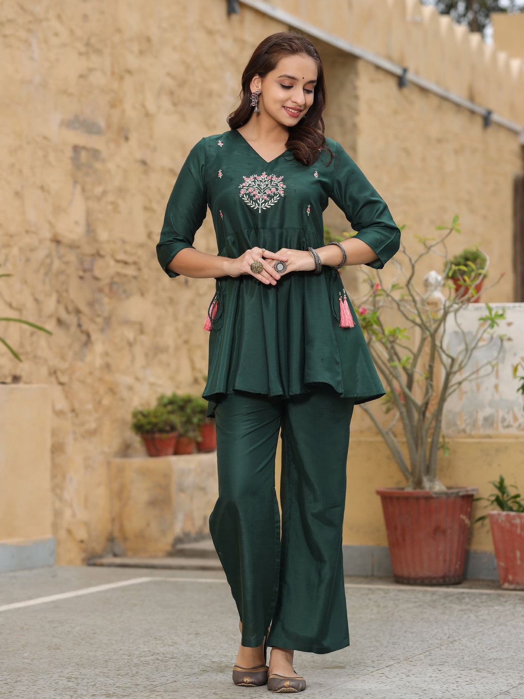Embroidery Details Peplum Kurti with Palazzos & Dupatta