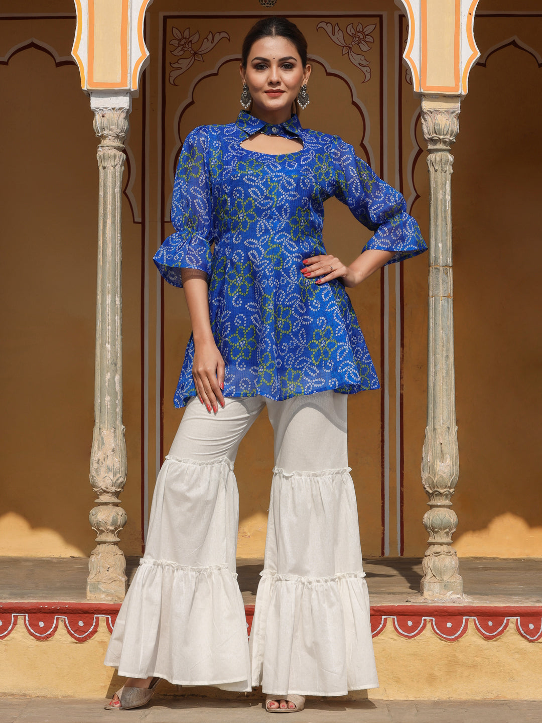 Women Short Flared Kurta With White Sharara