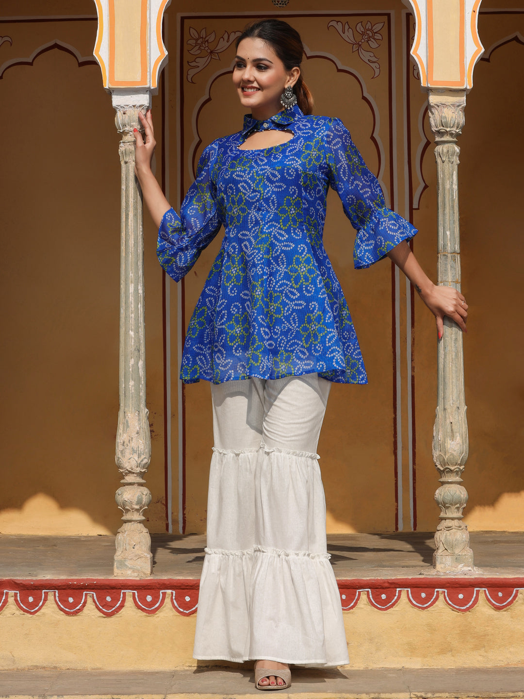 Women Short Flared Kurta With White Sharara