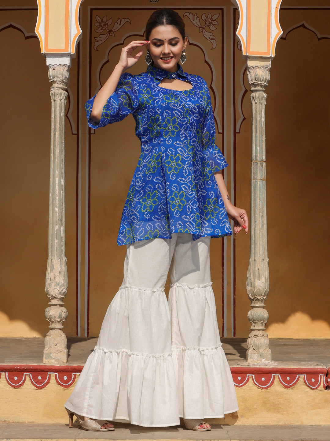 Women Short Flared Kurta With White Sharara