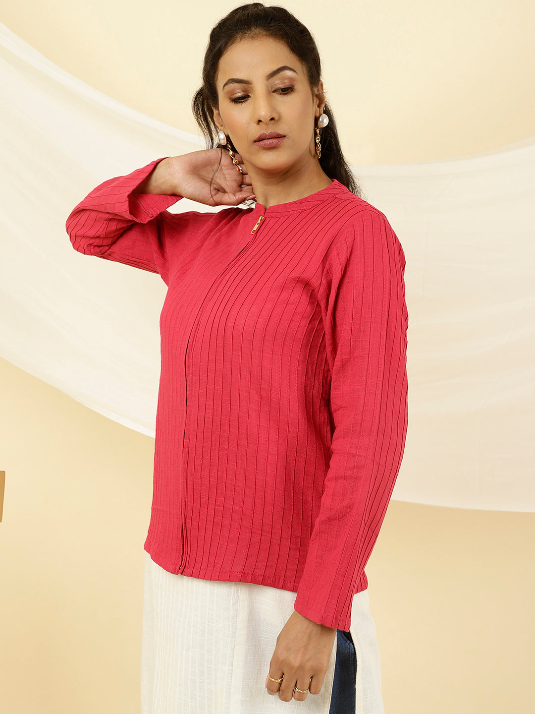 Fuchsia Pintuck Cotton Jacket Style Shirt