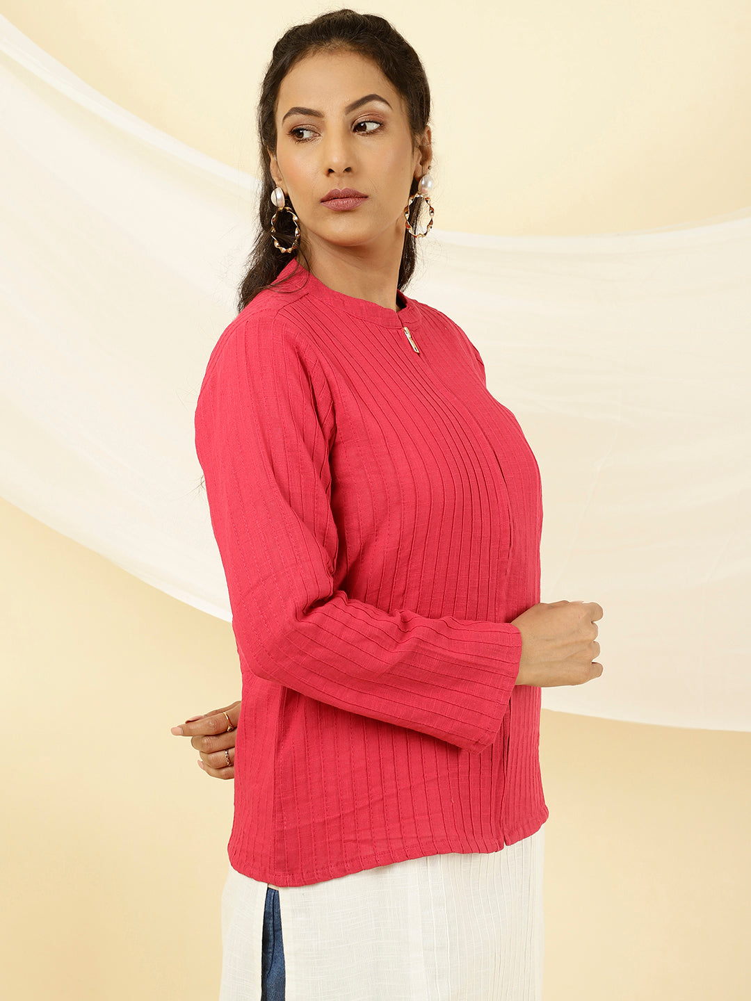 Fuchsia Pintuck Cotton Jacket Style Shirt