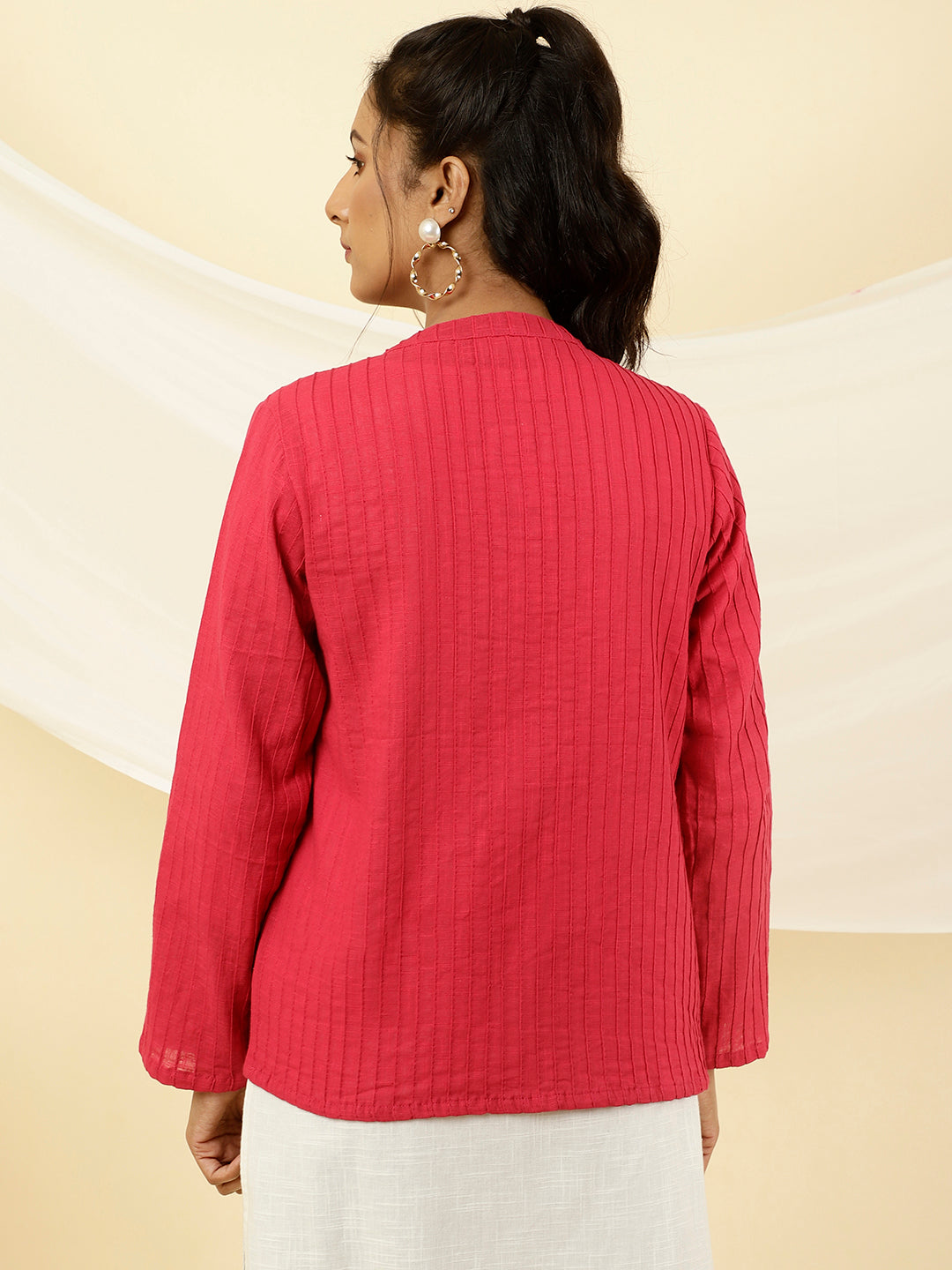 Fuchsia Pintuck Cotton Jacket Style Shirt