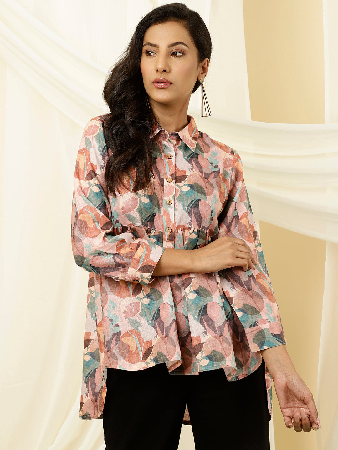 Rose Abstract High-Low Gathered Shirt