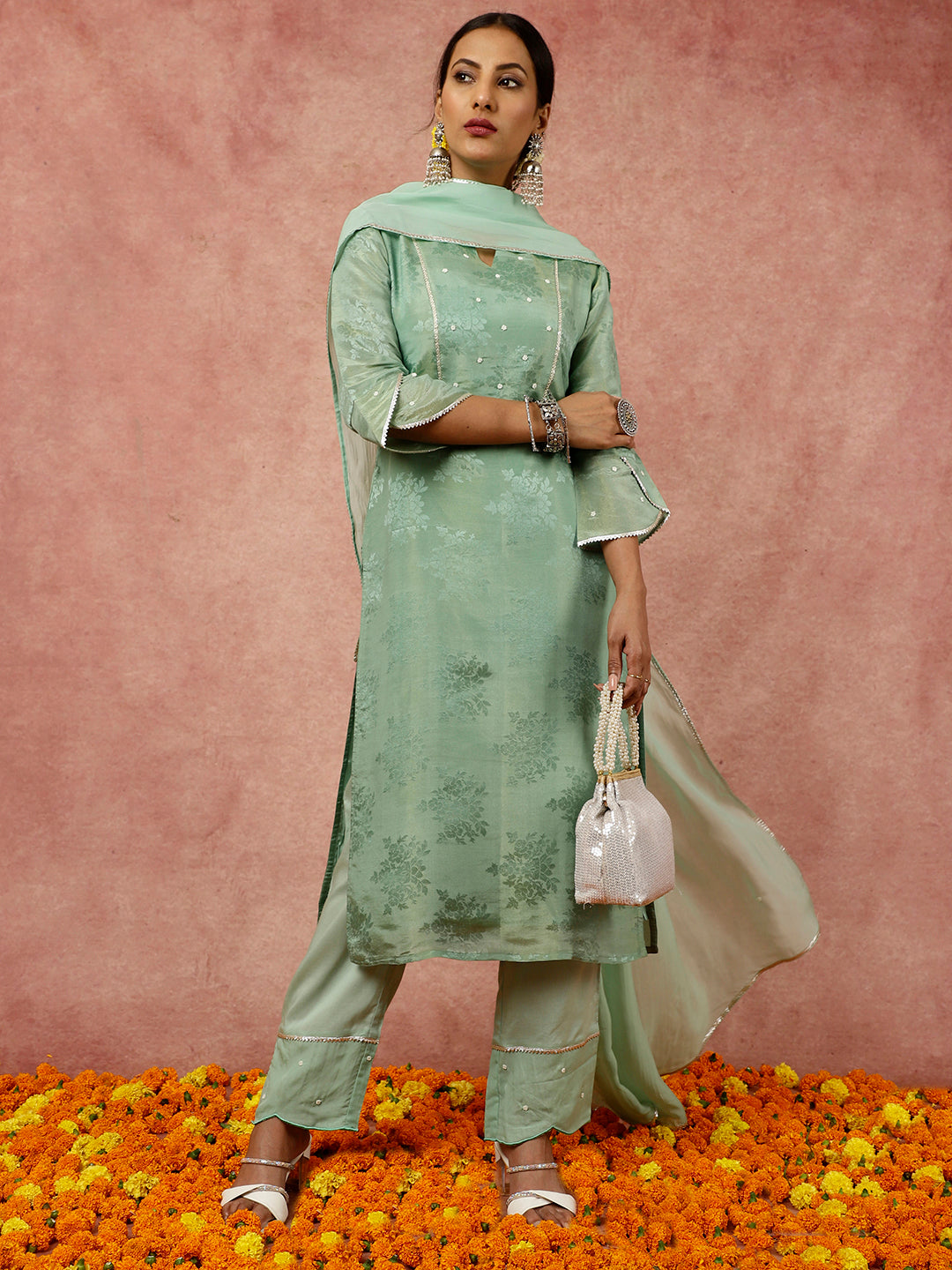 Silk Straight Kurta With Pants And Organza Dupatta