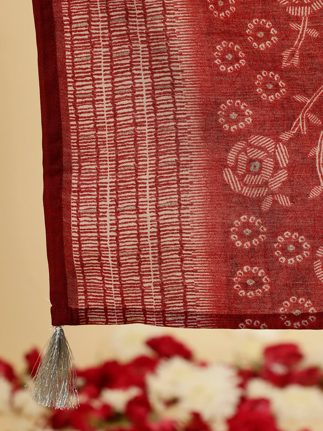 Red Bandhani Flared Print Kurta With Pants And Dupatta