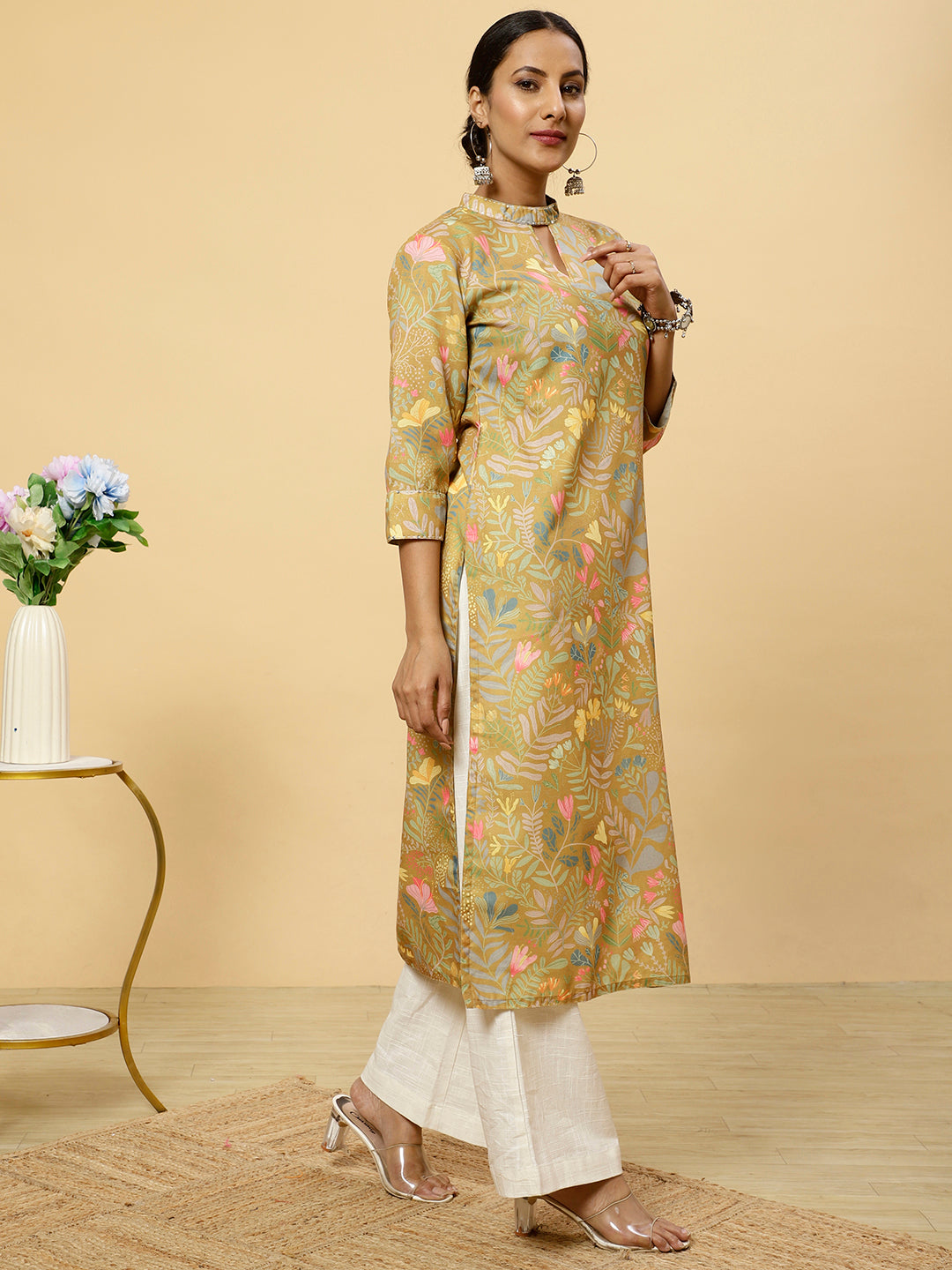 Floral Printed Mustard Straight Kurta