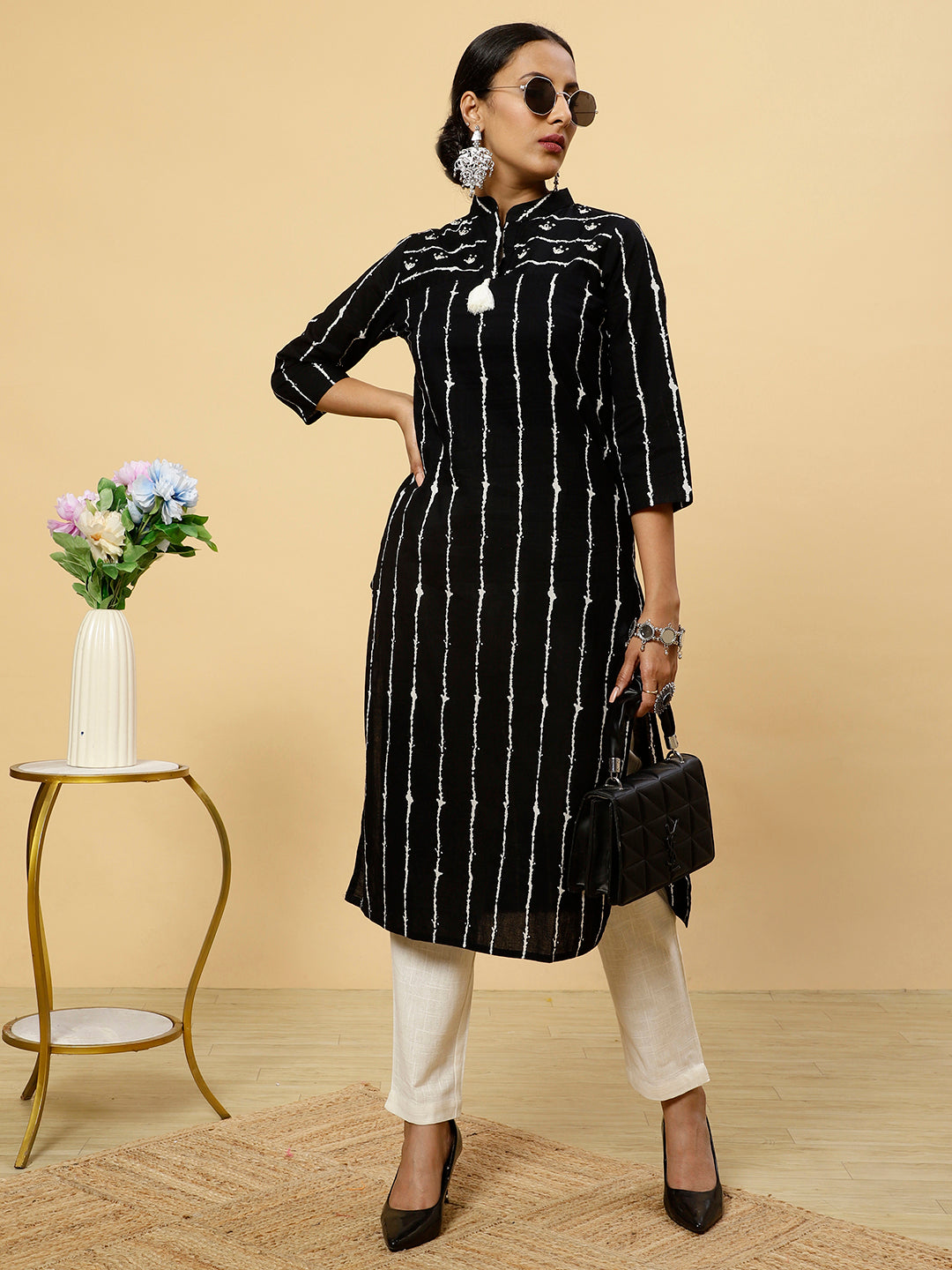 Black Striped Cotton Straight Kurta