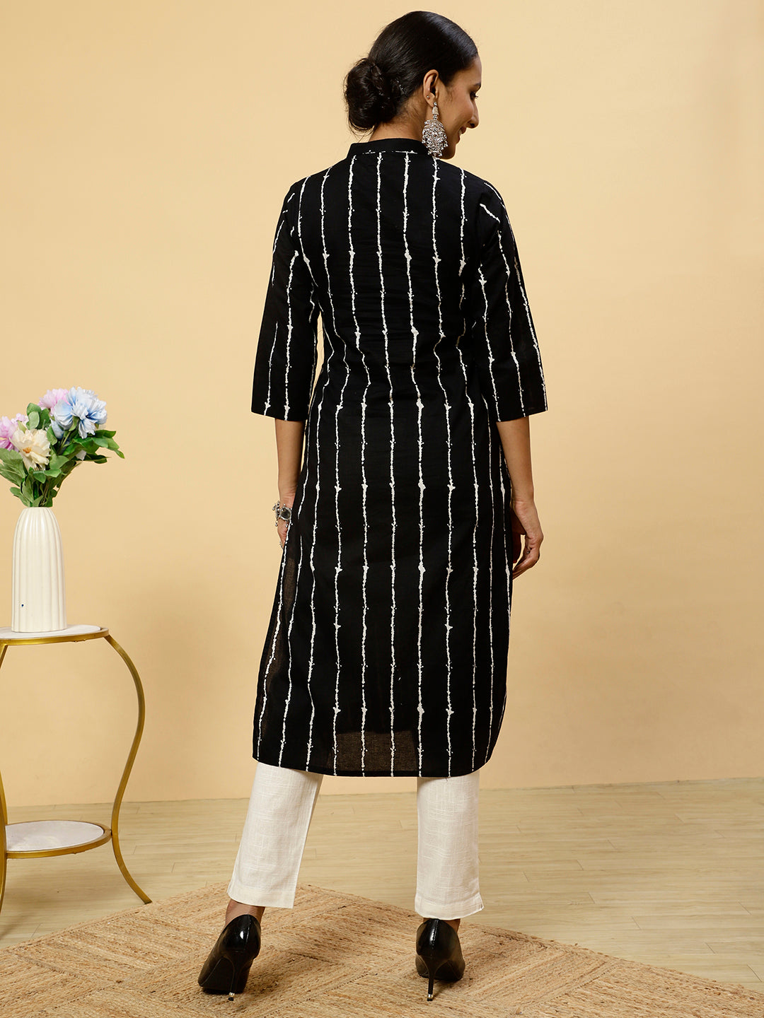 Black Striped Cotton Straight Kurta