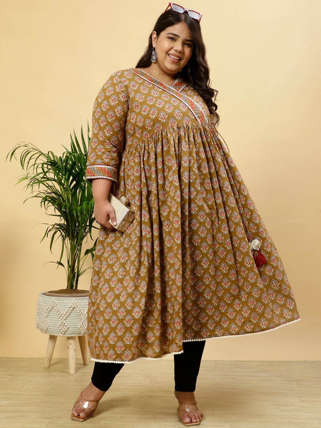 Plus Size Brown Ethnic Printed Anarkali Kurtaa