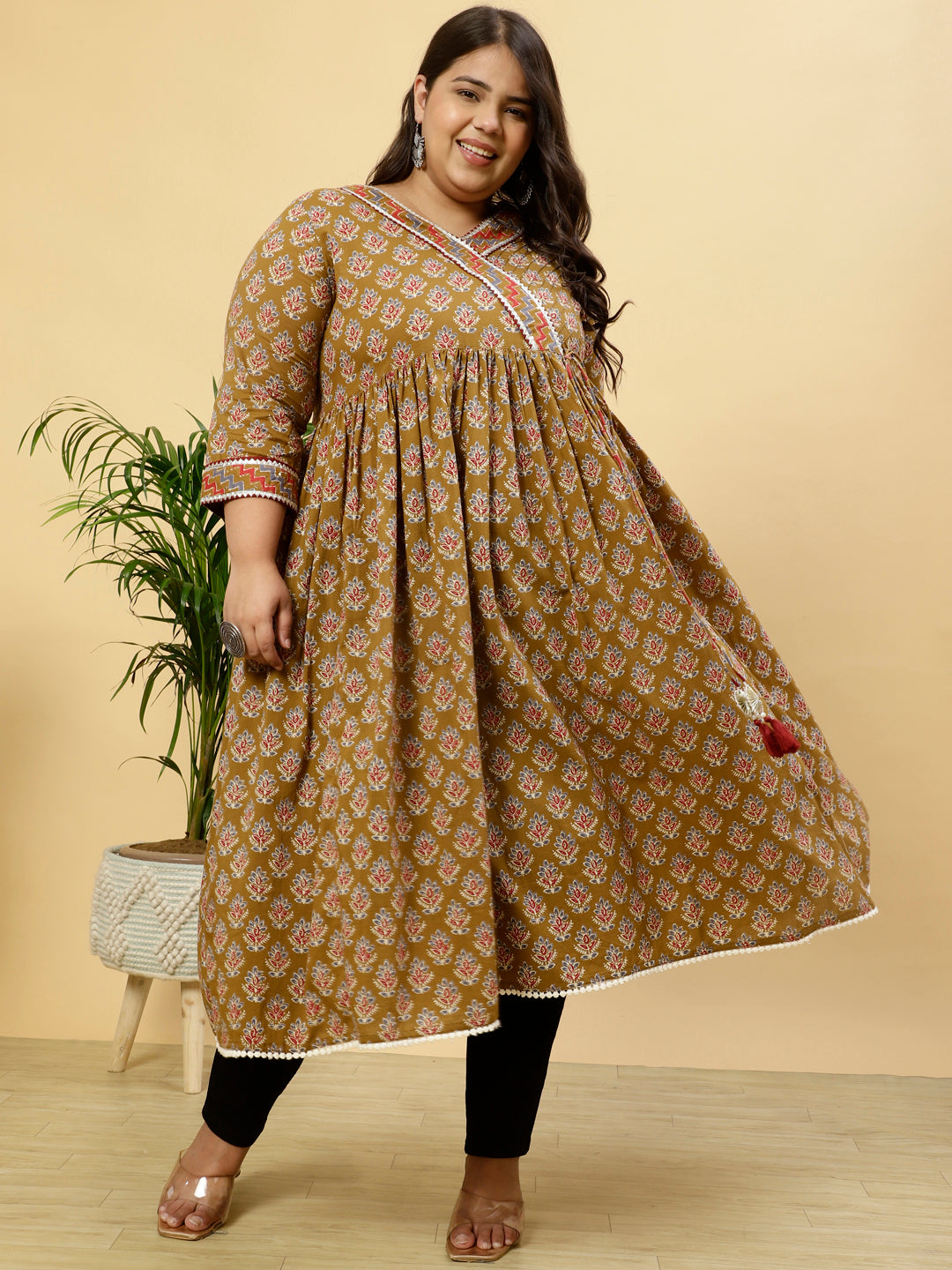 Plus Size Brown Ethnic Printed Anarkali Kurta