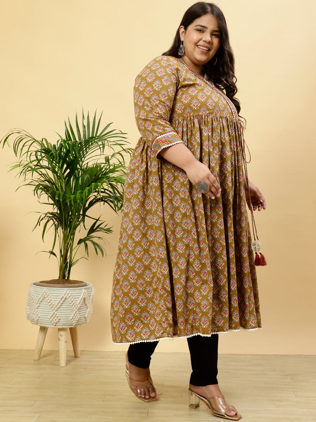 Plus Size Brown Ethnic Printed Anarkali Kurta