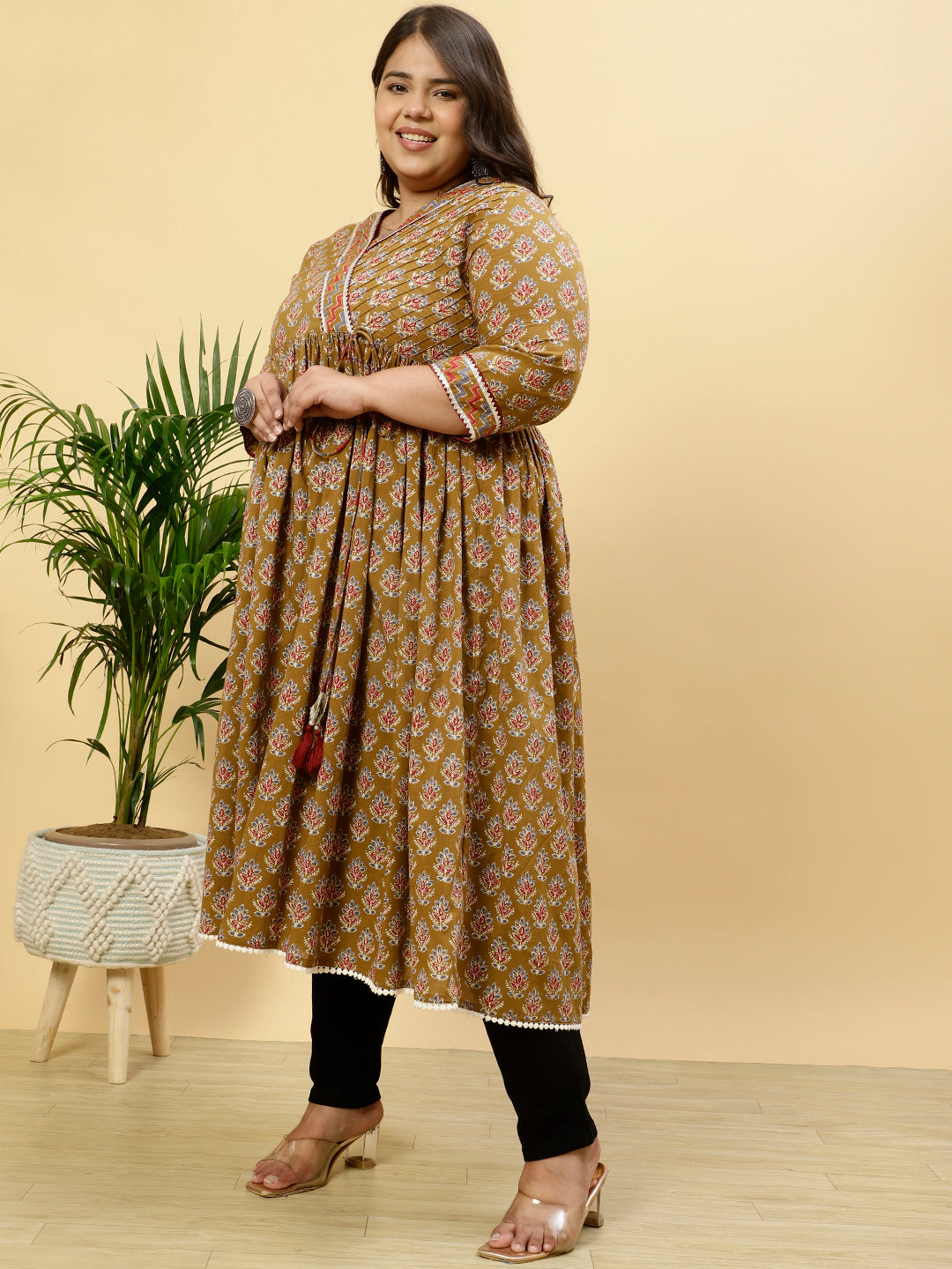 Plus Size Brown Ethnic Printed Anarkali Kurta