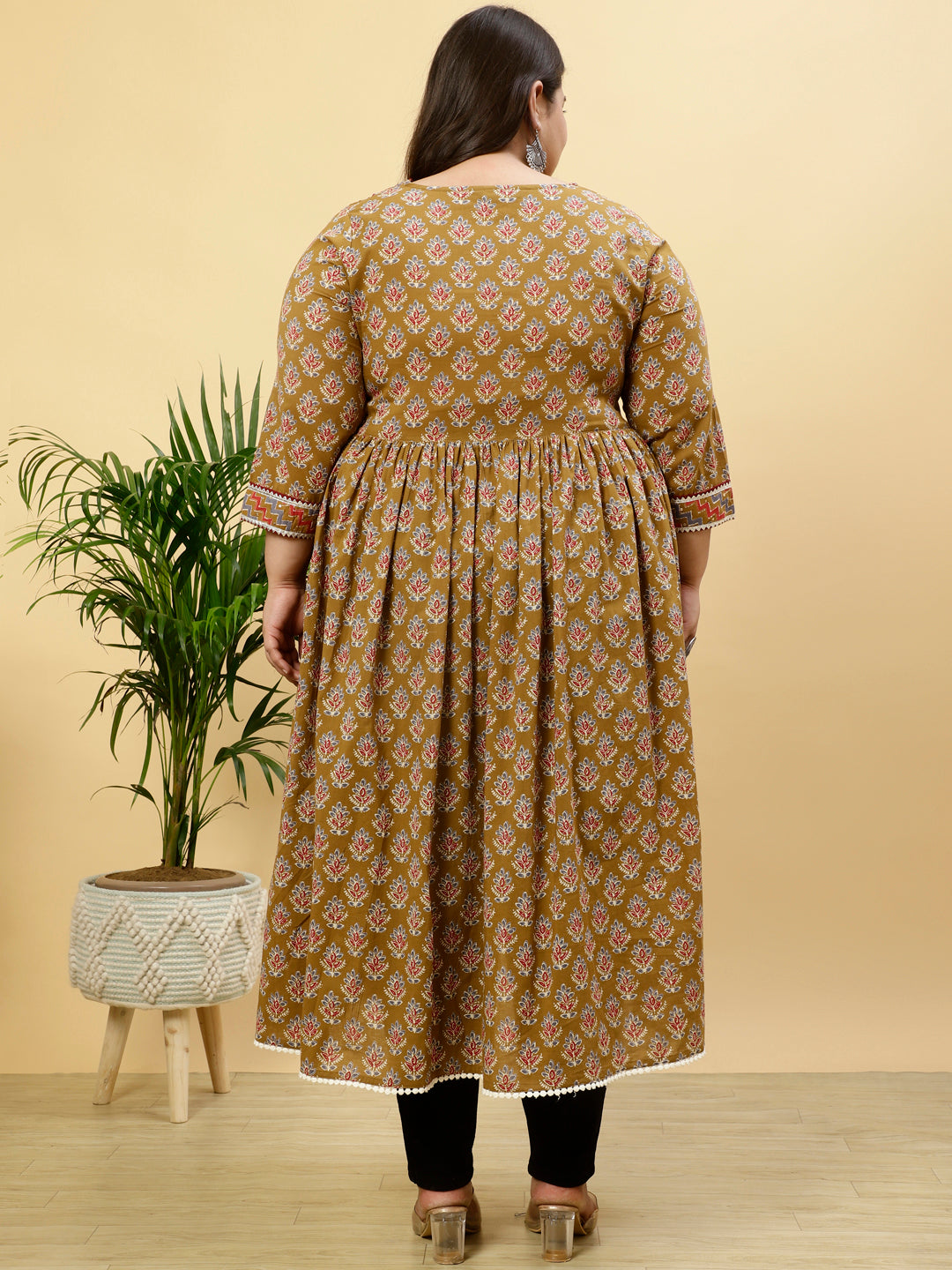 Plus Size Brown Ethnic Printed Anarkali Kurta