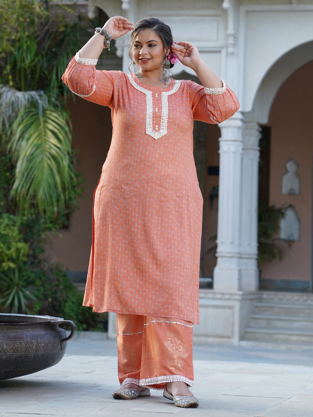 Orange Printed Kurta With Palazzo