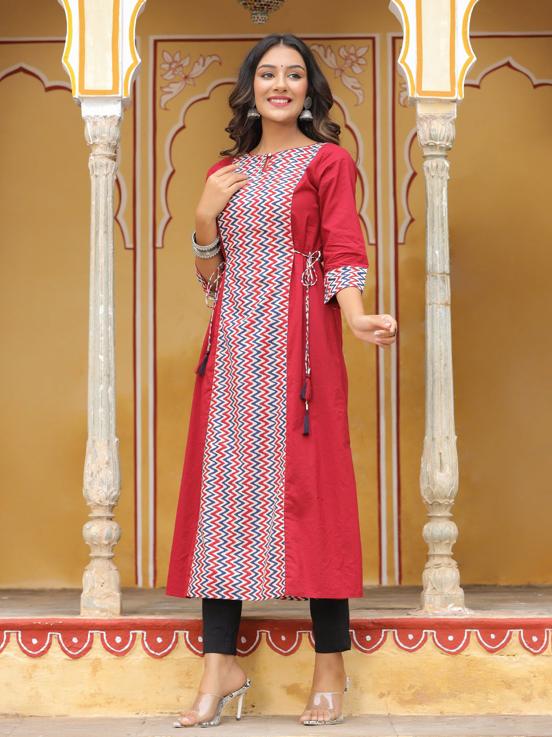 Maroon Geometric A-Line Cotton Kurta
