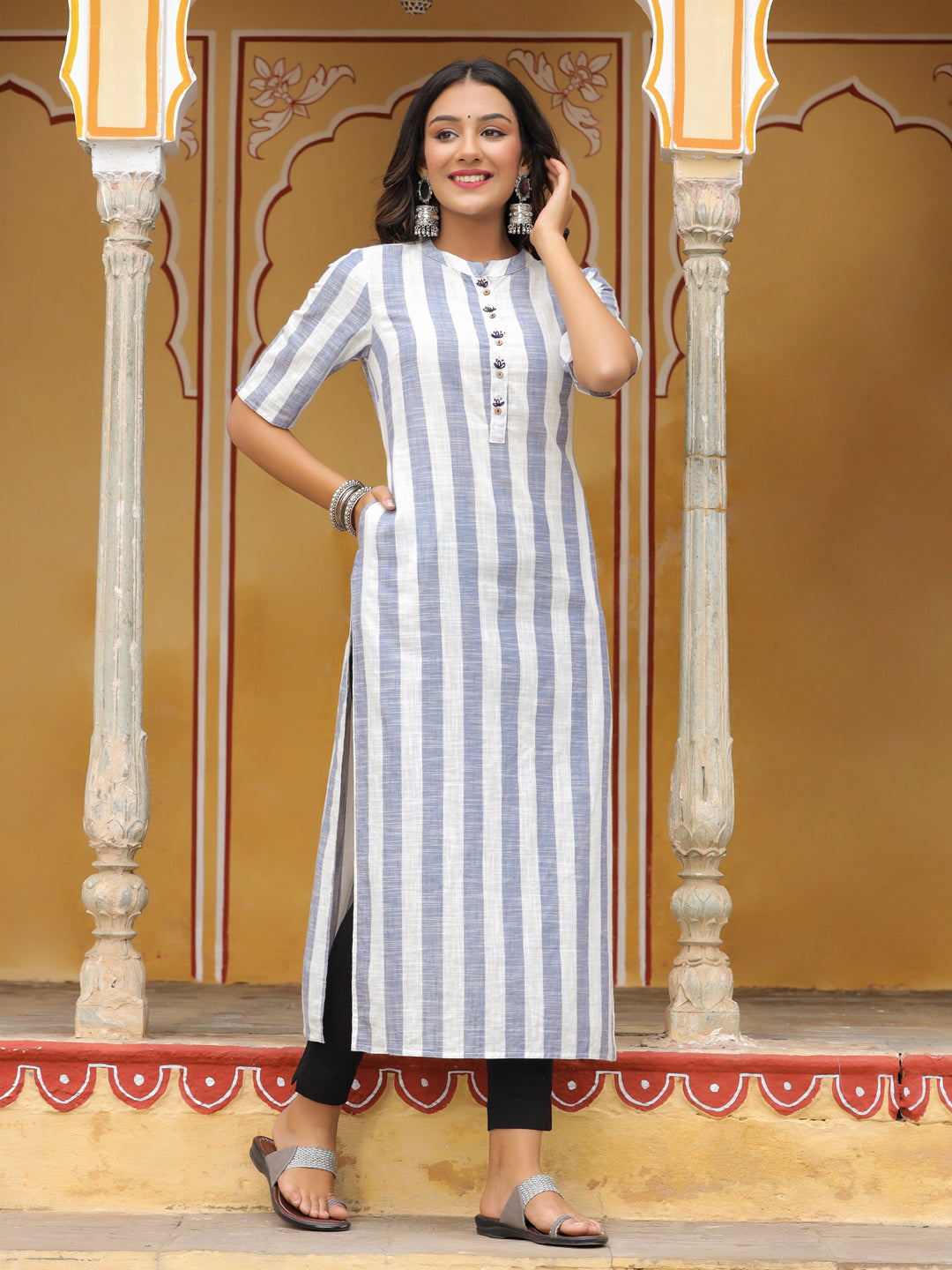 Blue Striped Straight Yarn Dyed Cotton Kurta