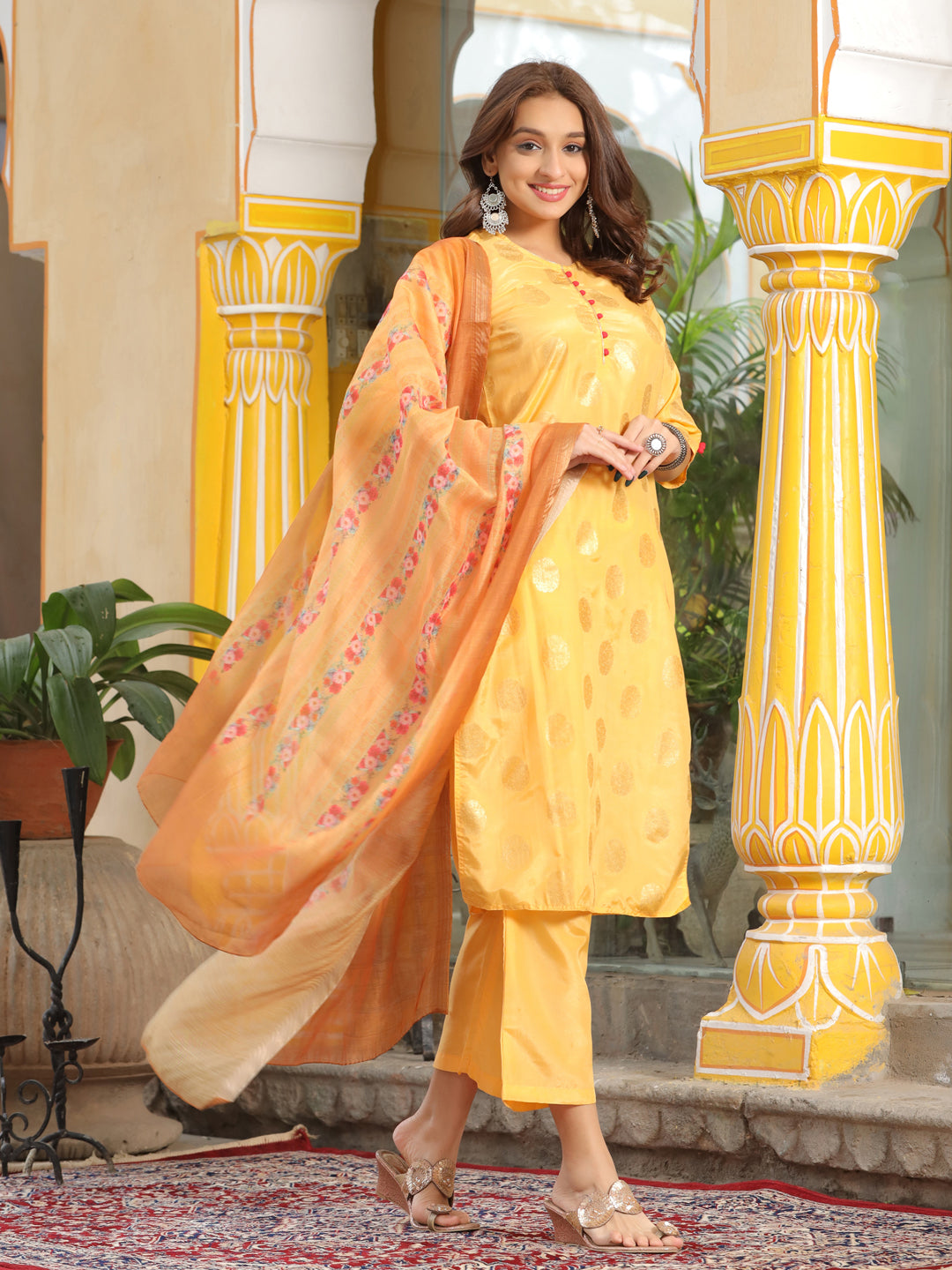 Yellow Ethnic Motifs Print Silk Blend Kurta with Palazzos & Dupatta