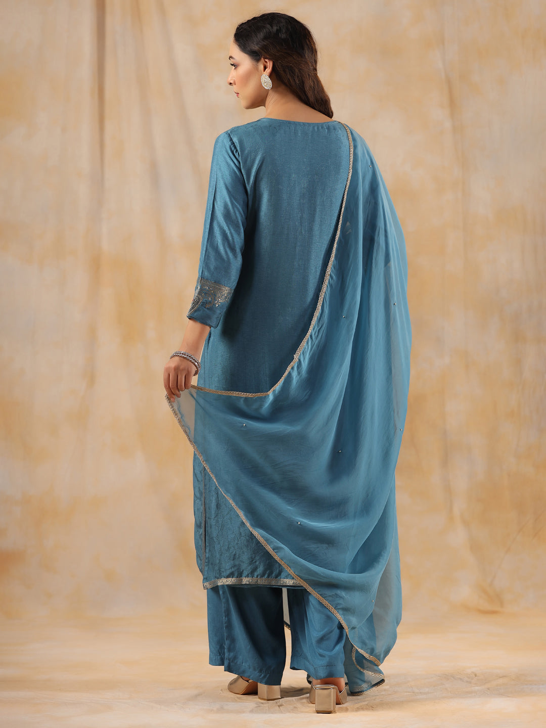 Zardozi Embroidered Silk Teal Blue Straight Kurta With Palazzo And Dupatta