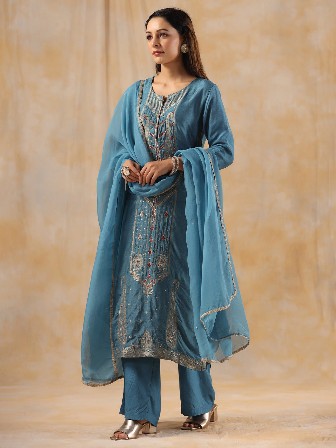Zardozi Embroidered Silk Teal Blue Straight Kurta With Palazzo And Dupatta