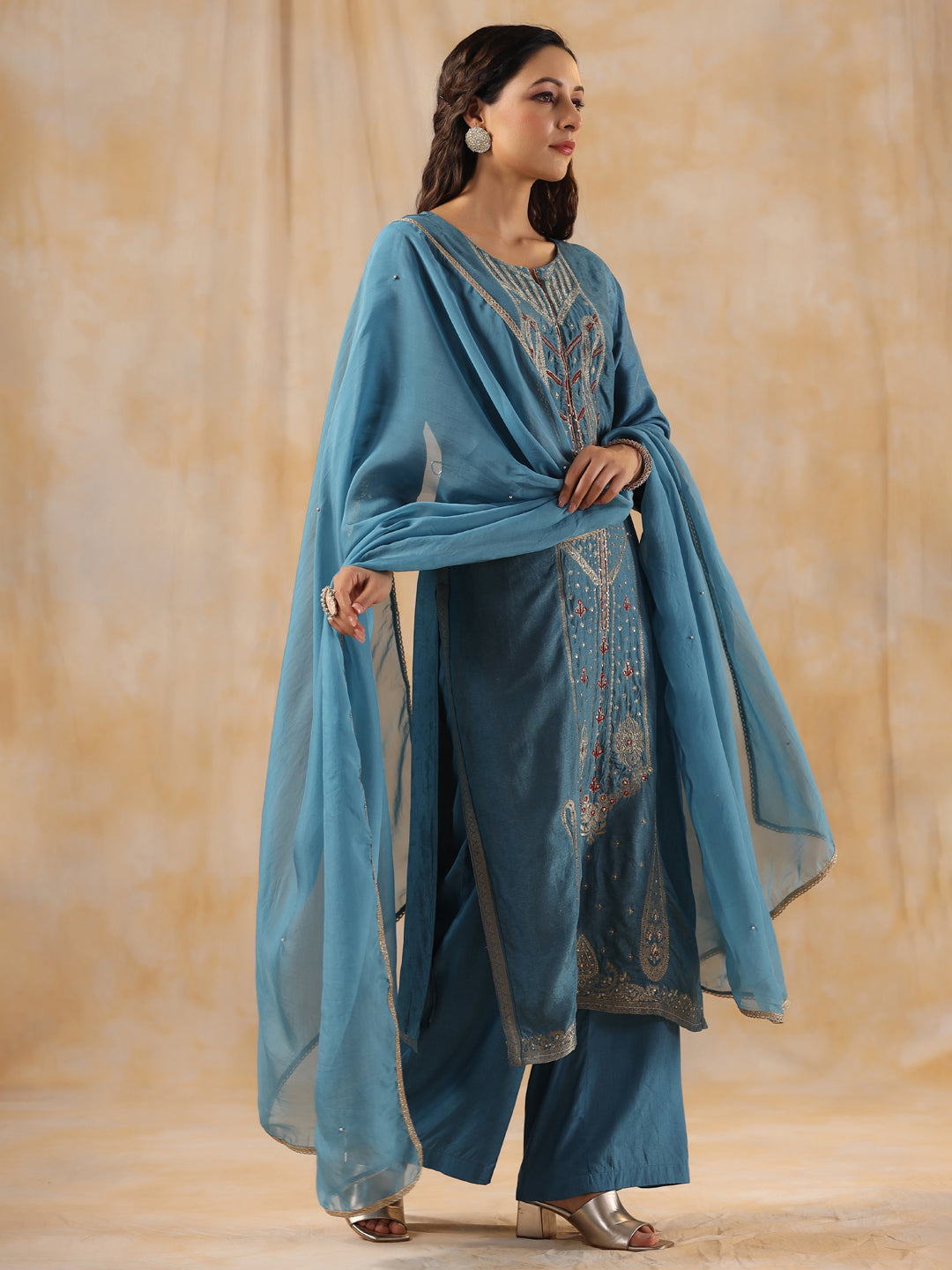Zardozi Embroidered Silk Teal Blue Straight Kurta With Palazzo And Dupatta