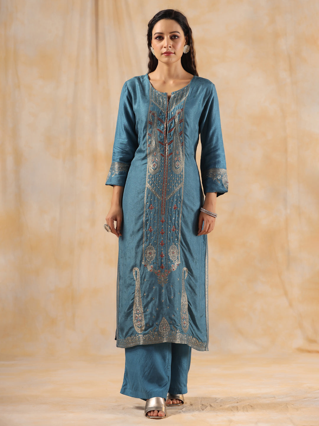 Zardozi Embroidered Silk Teal Blue Straight Kurta With Palazzo And Dupatta
