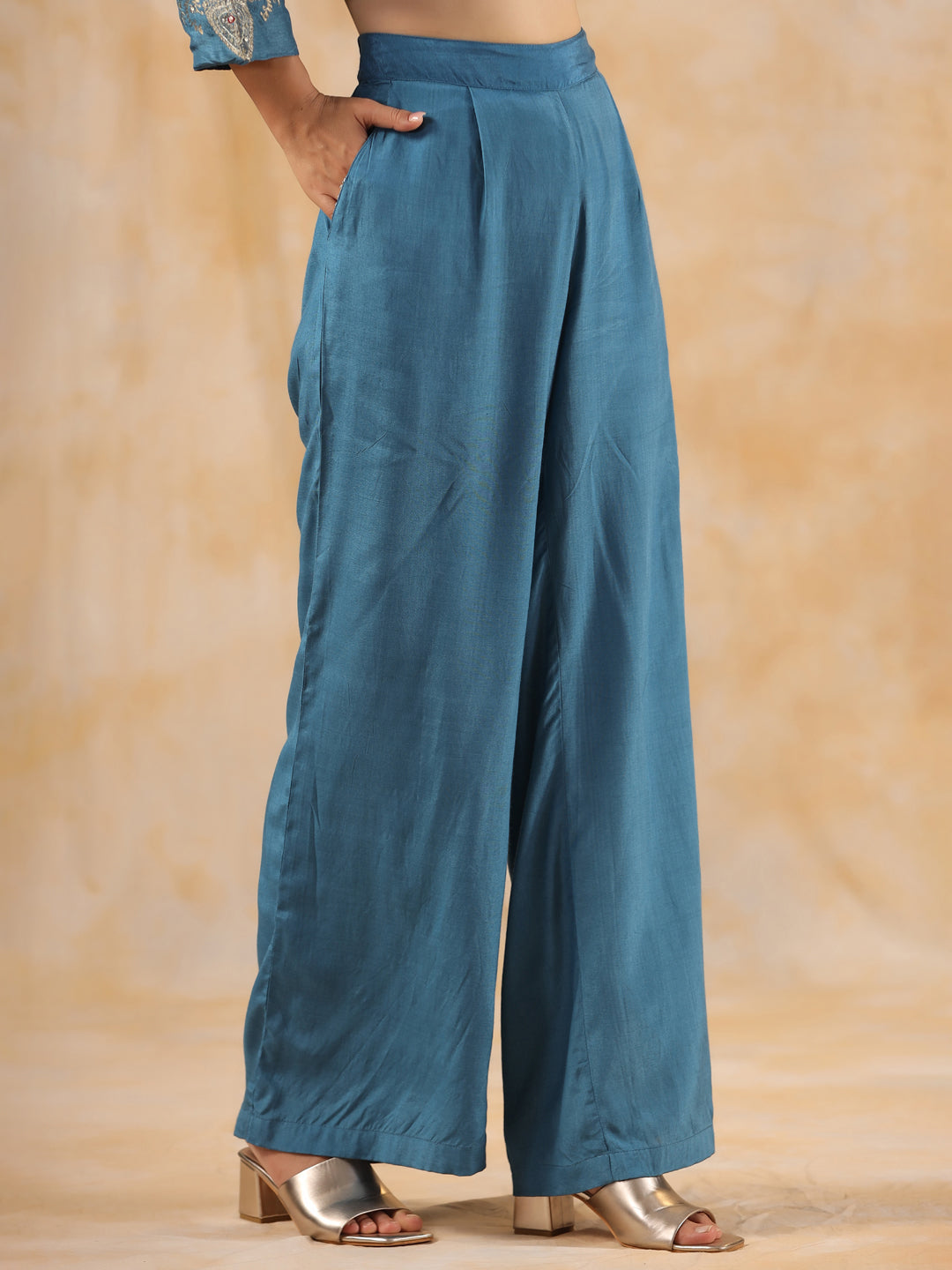 Zardozi Embroidered Silk Teal Blue Straight Kurta With Palazzo And Dupatta