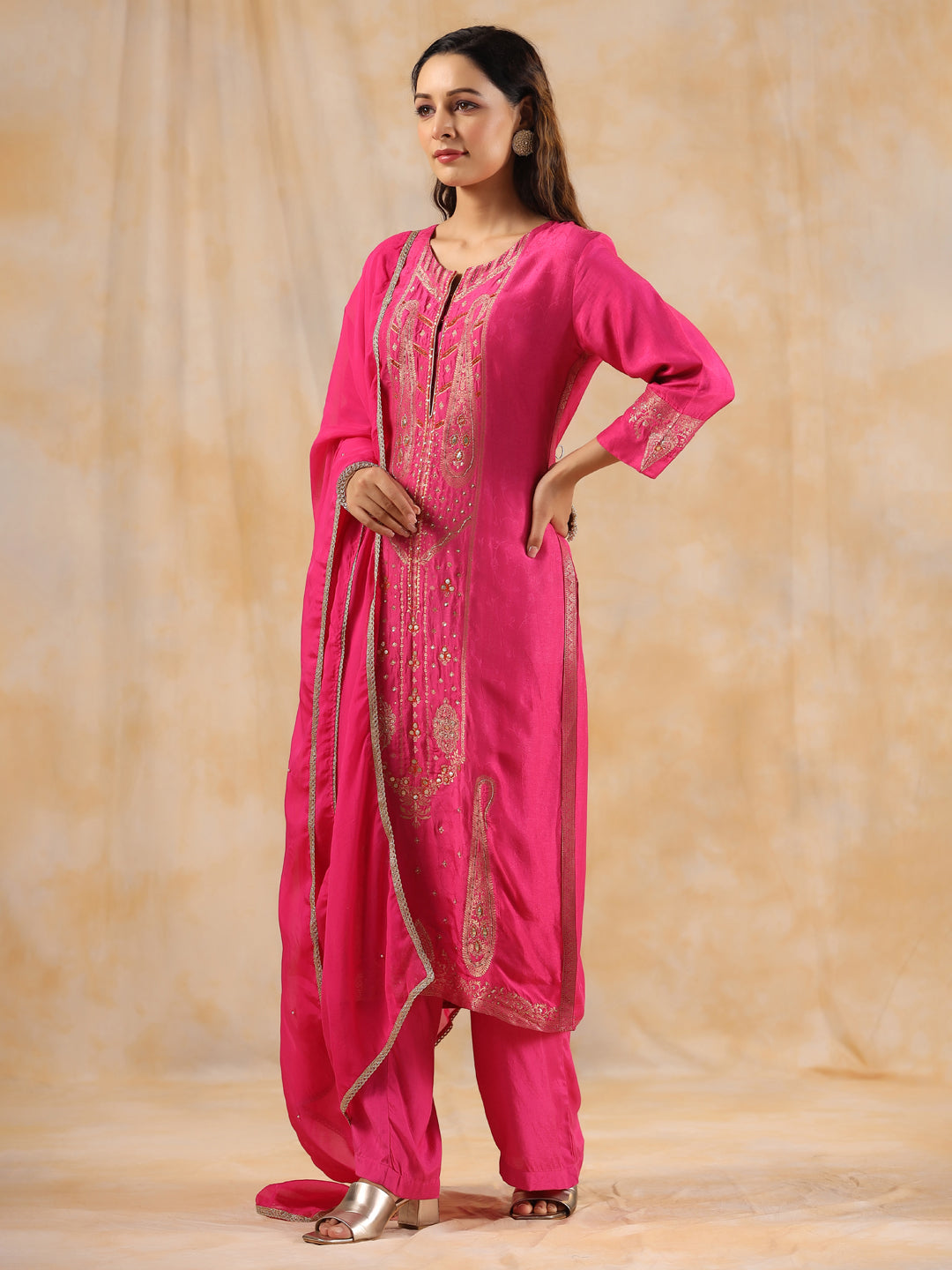 Zardozi Embroidered Silk Hot Pink Straight Kurta With Palazzo And Dupatta