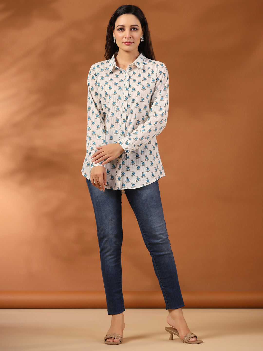 Turquoise Blue Ethnic Motif Lurex Shirt