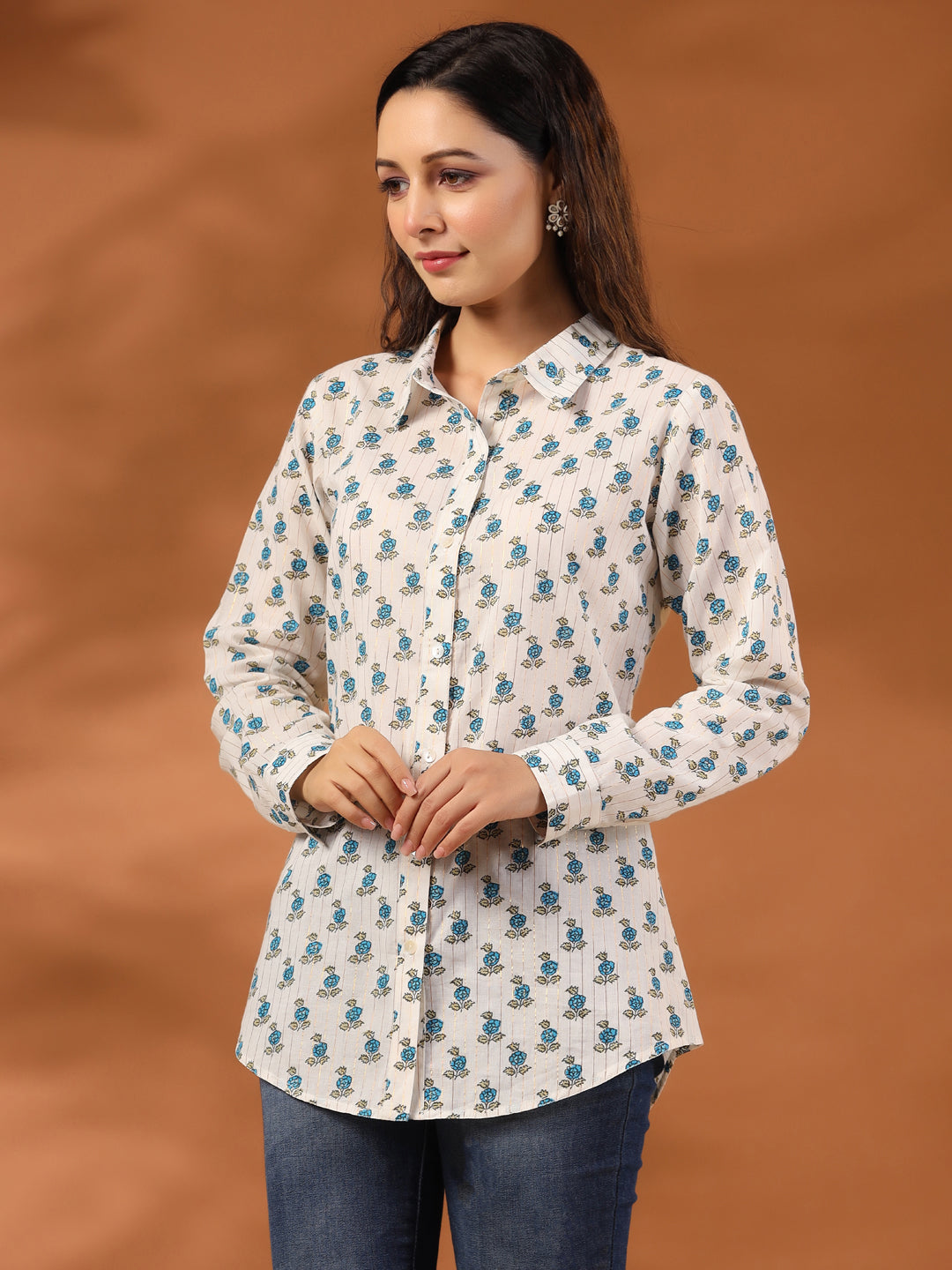 Turquoise Blue Ethnic Motif Lurex Shirt