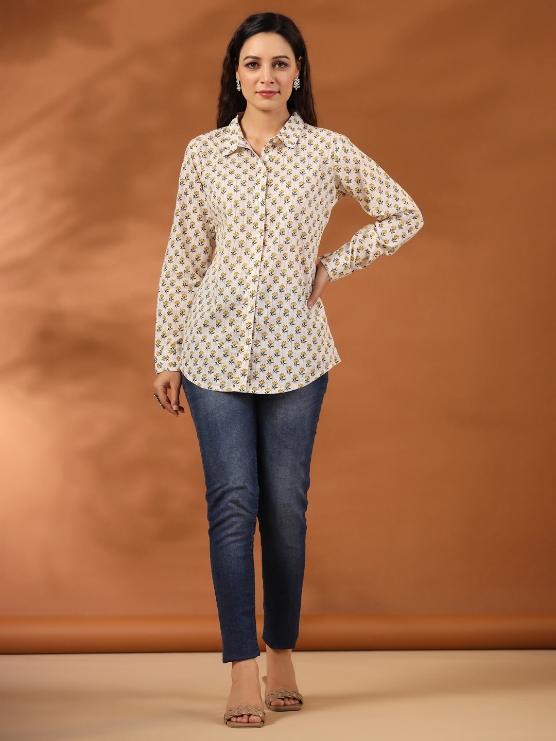 Yellow Ethnic Motif Printed Lurex Shirt