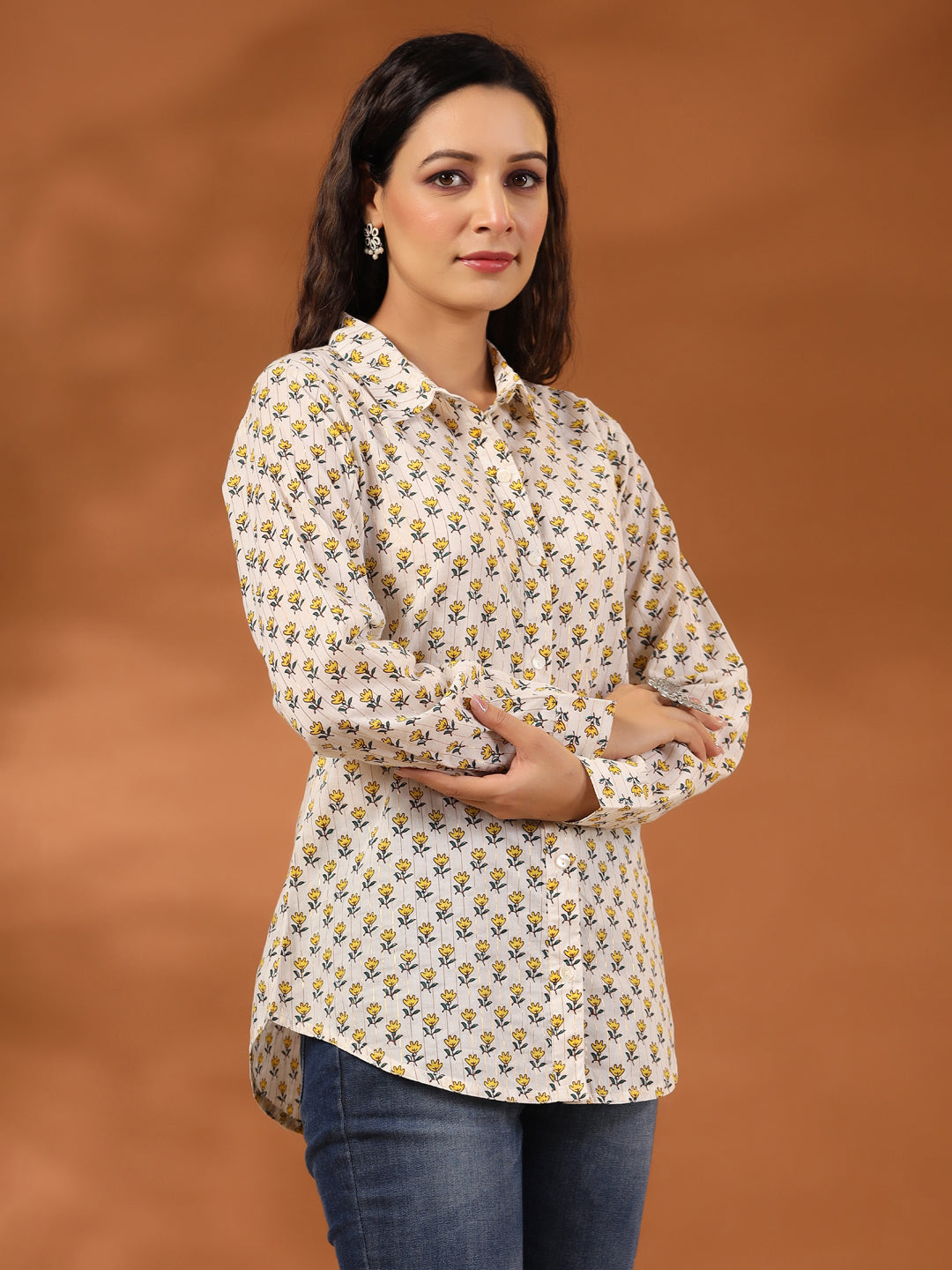 Yellow Ethnic Motif Printed Lurex Shirt