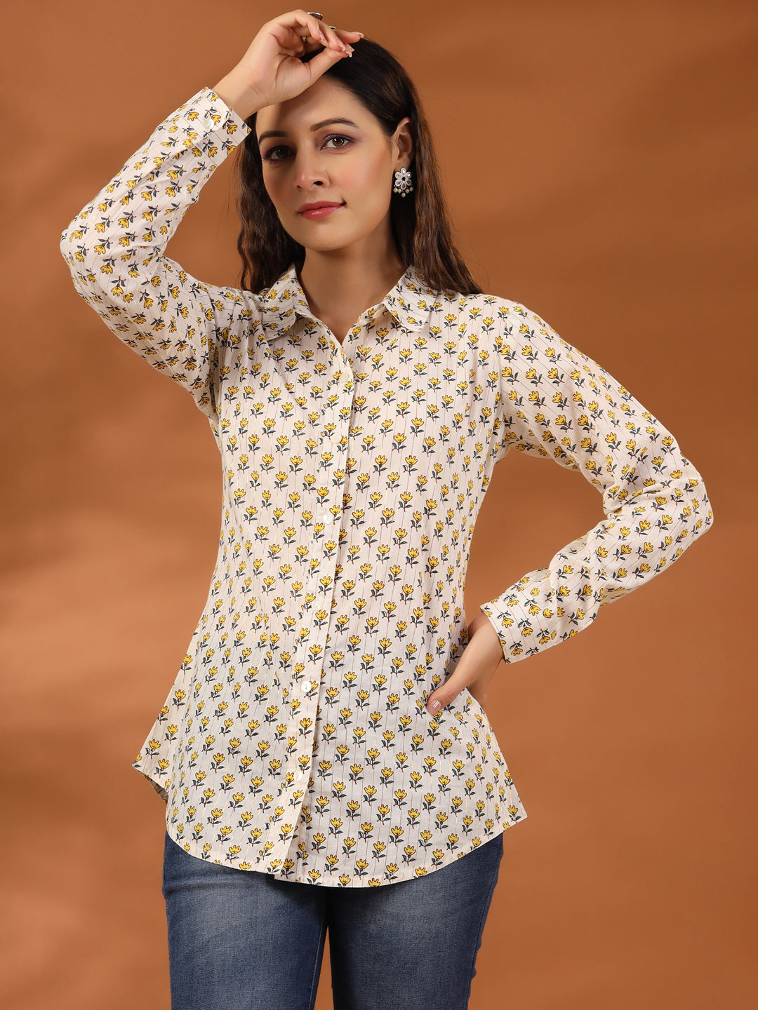Yellow Ethnic Motif Printed Lurex Shirt