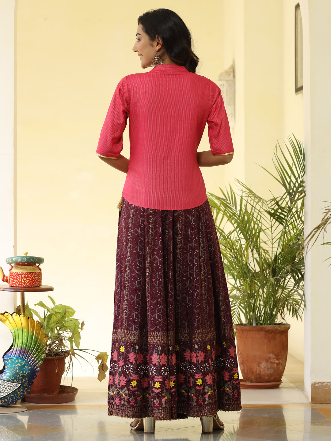 Turquoise Blue Gold-Coloured Printed Maxi-Length Skirt
